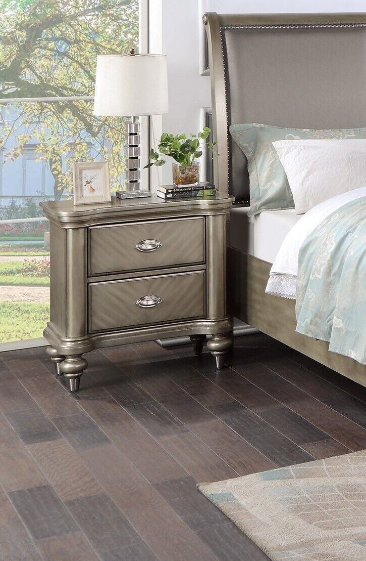 Formal Classic Grey Finish 4p Bedroom Furniture California King Size Bed Dresser Mirror Nightstand Sleigh HB w Underbed Drawers