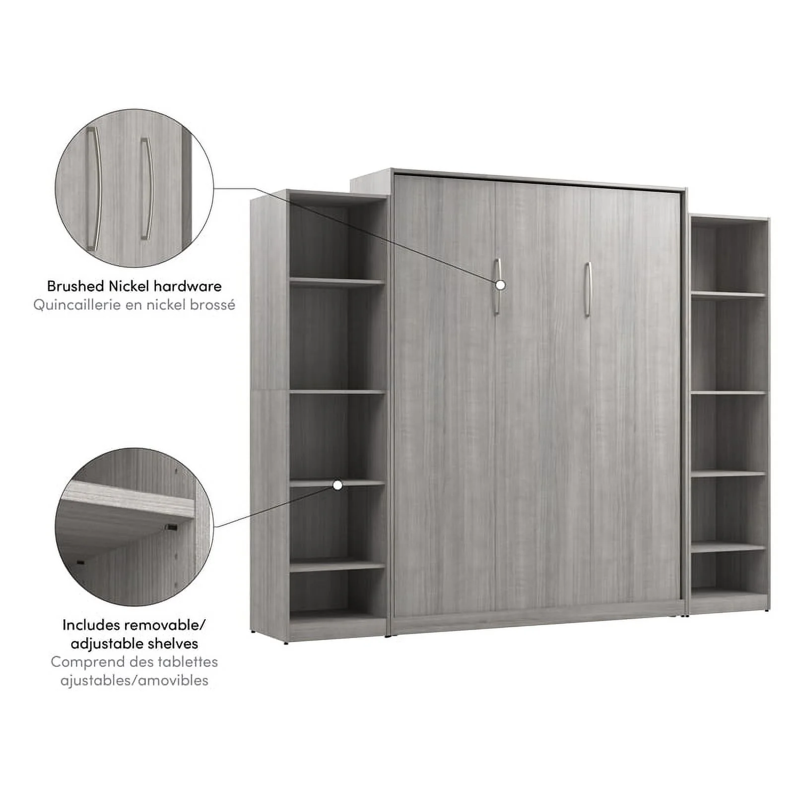 Bestar USA Claremont Wood Queen Murphy Bed with Closet Organizers in Gray