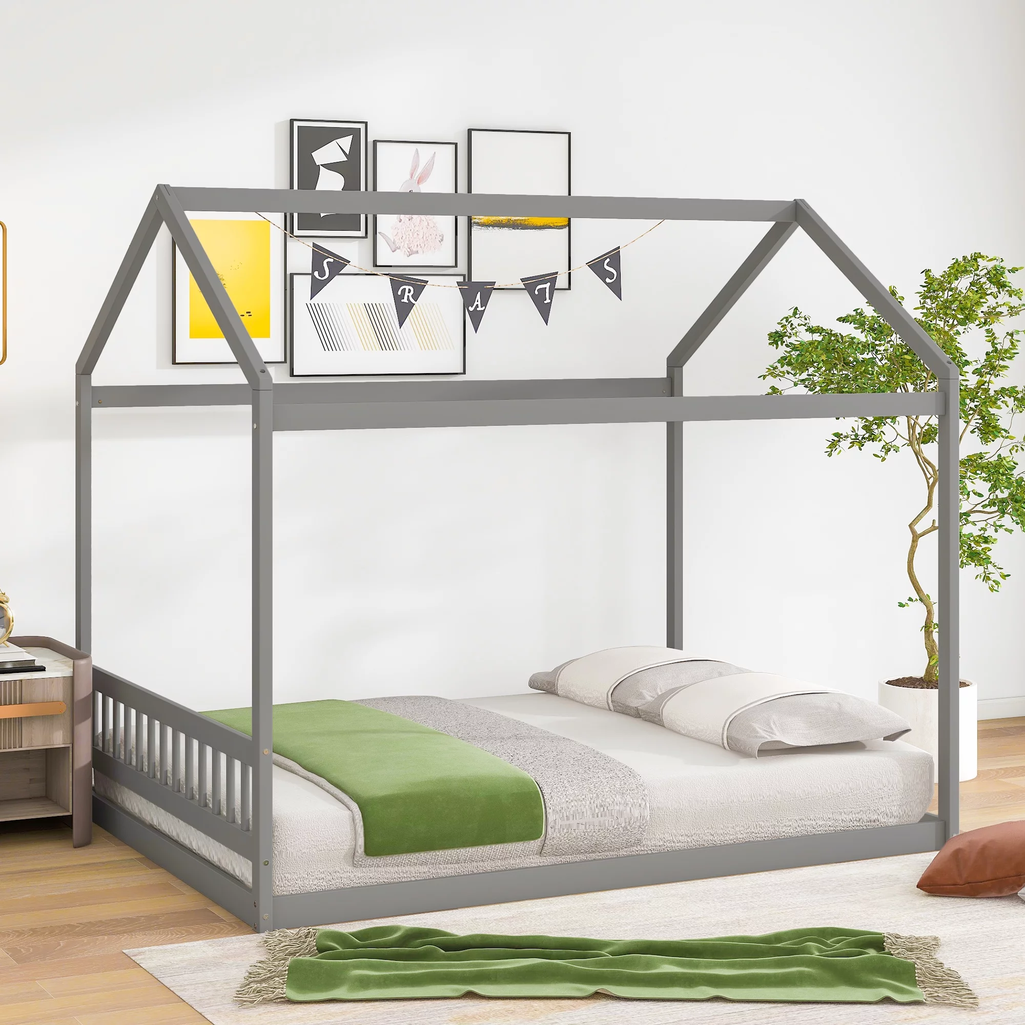 Euroco Pine Wood Queen Size House Shaped Canopy Bed for Bedroom, House Platform Bed for Living Room, Gray