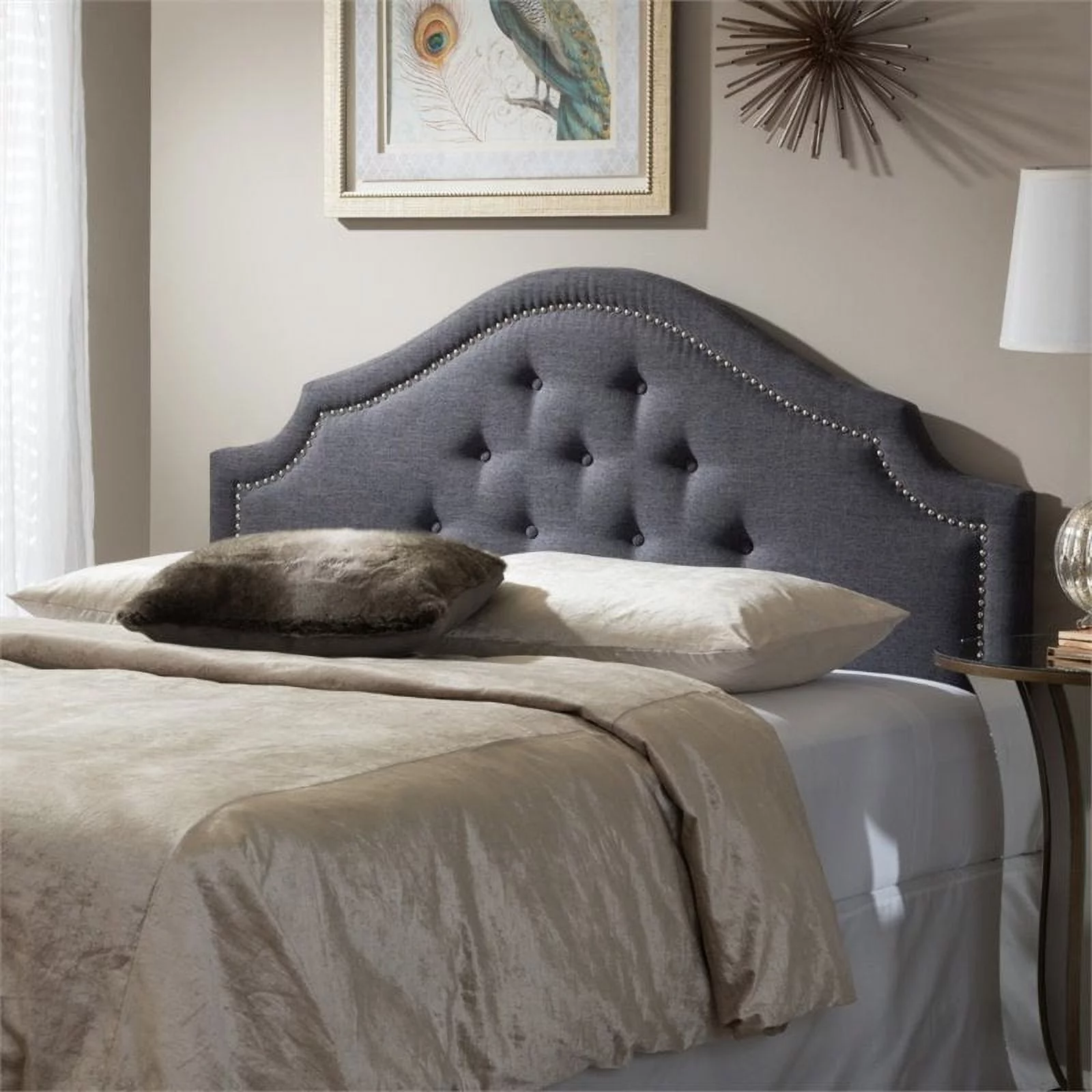 Bowery Hill Fabric Upholstered Full Headboard with Silver Nail Heads in Gray