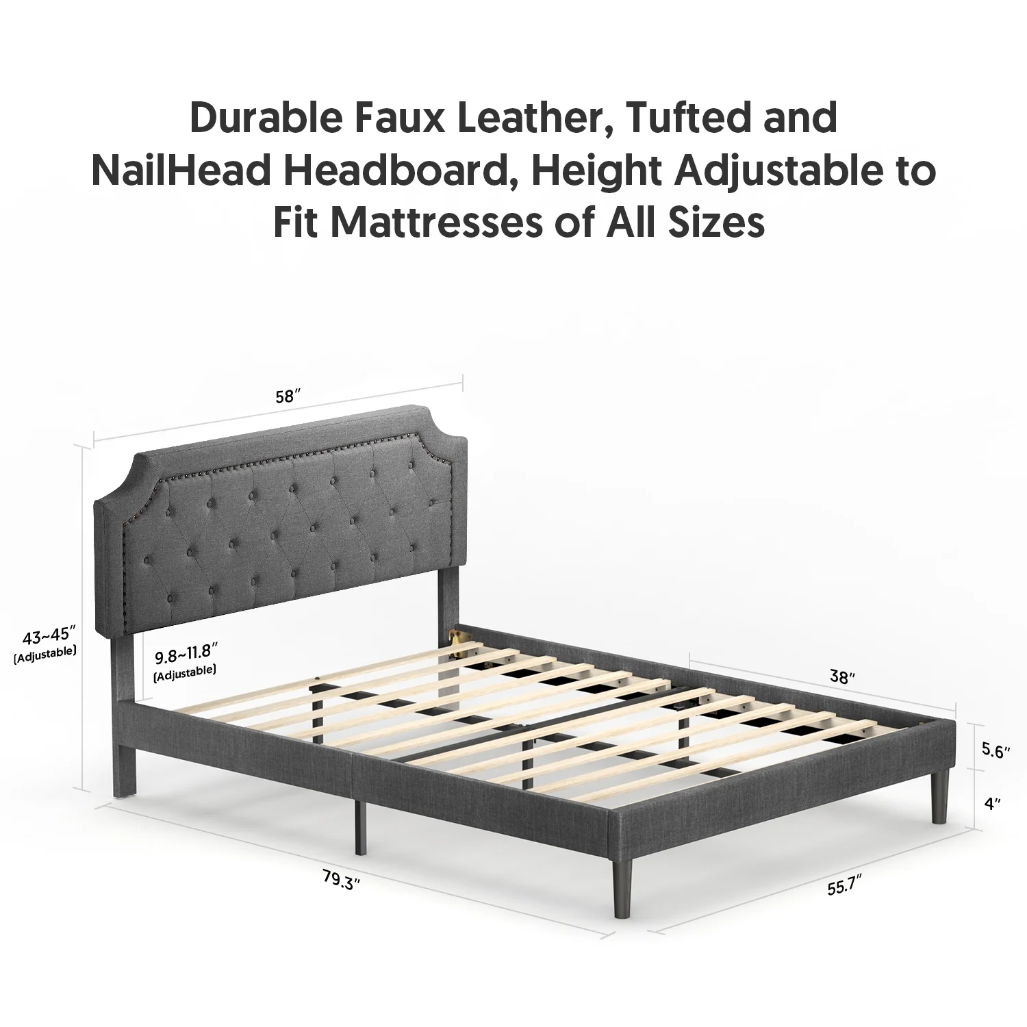 Bed Frame Upholstered Low Profile Traditional Platform with Tufted and Nail Headboard/No Box Spring Needed/No Bed Skirt Needed/Linen Fabric Upholstery (Grey, Full Size)