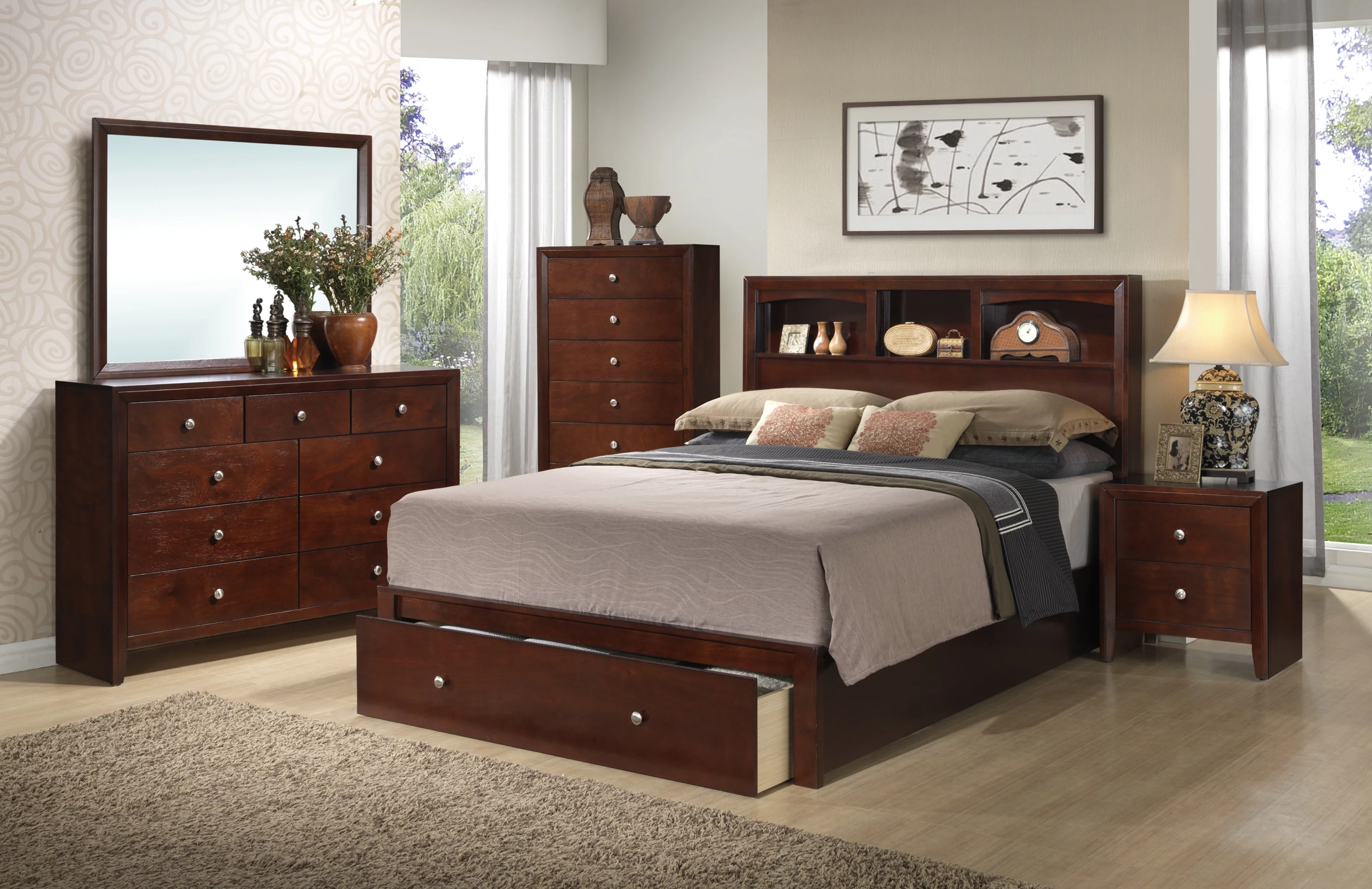 Modern Wood Finish 4pc Queen Size Bed Dresser Mirror Nightstand Wooden Furniture Bedroom Set Cherry