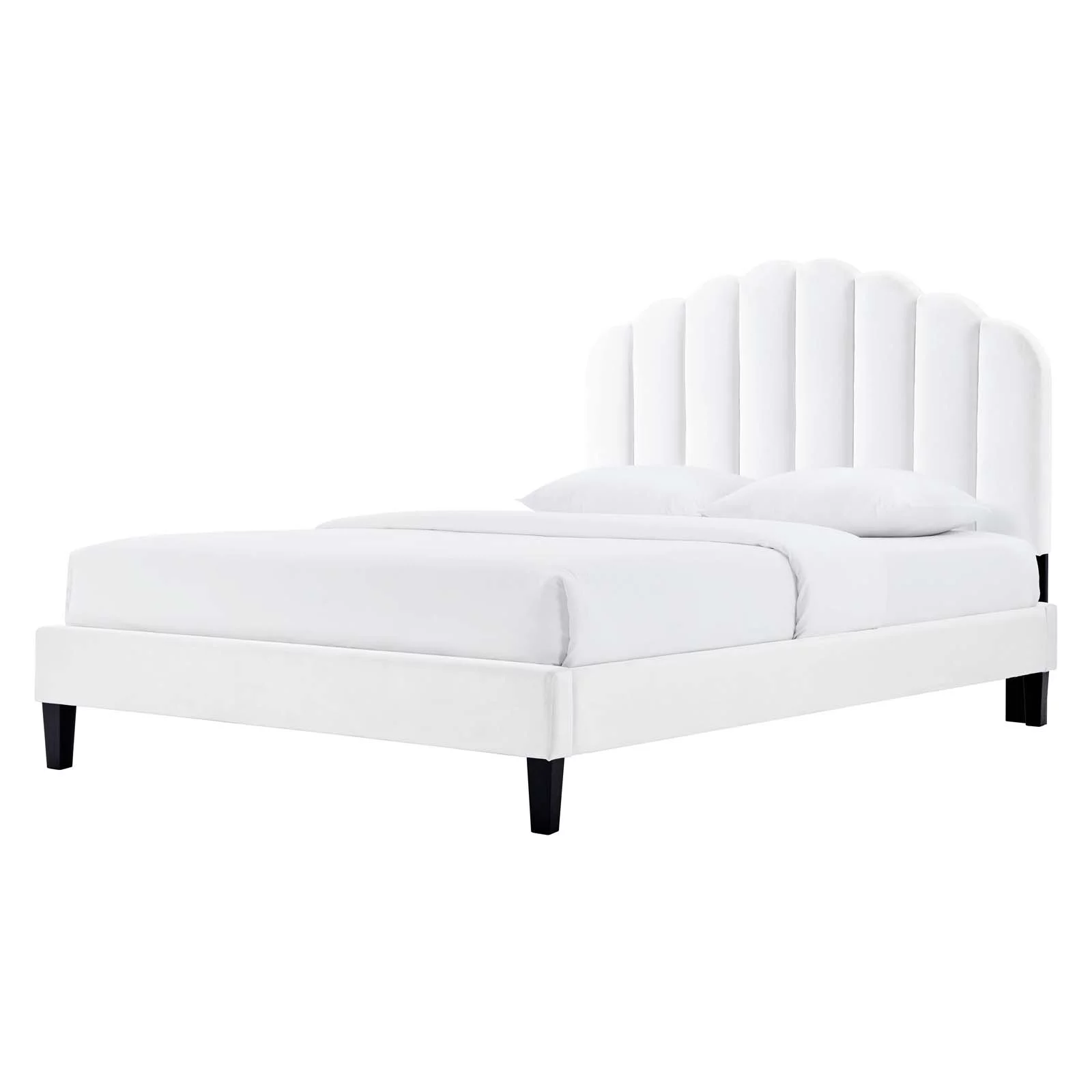 Platform Bed Frame, King Size, White, Velvet, Modern Contemporary, Bedroom Master Guest Suite Room
