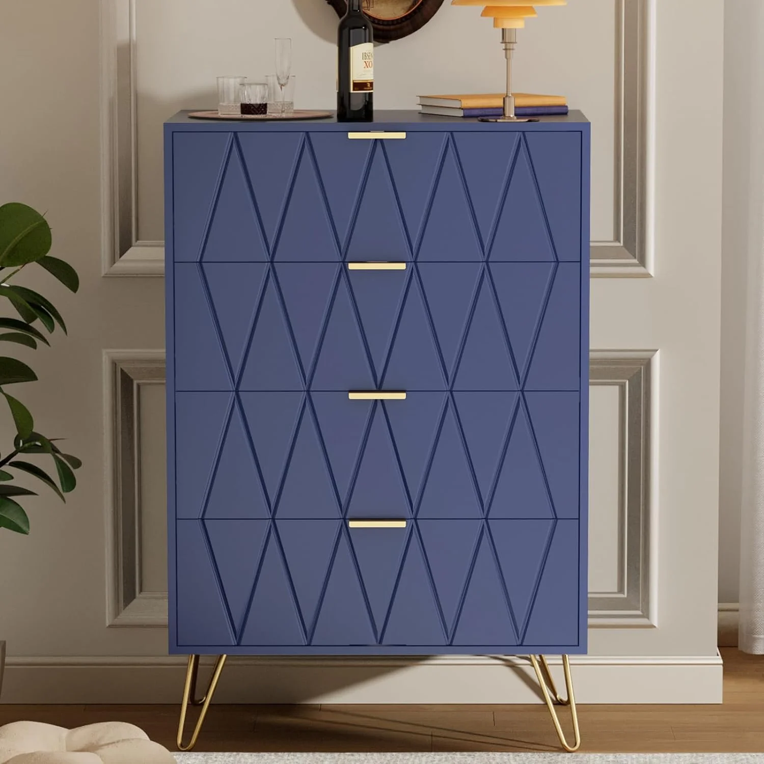 4 Drawer Dresser,Chest of Drawers,Wooden Dresser with 4 Metal Legs,Tall Dresser with Anti-Tipping Device,Dresser Set for Bedroom,Living Room (Navy Blue)