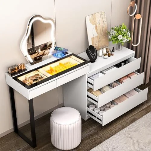 RUNFAYBIU Vanity Desk with Mirror and Lights   Vanity with Glass Top  Dressing Table with 5 Drawers & Dresser & Jewelry Cabinet  3 Color Lighting Modes  Wireless Charging Station