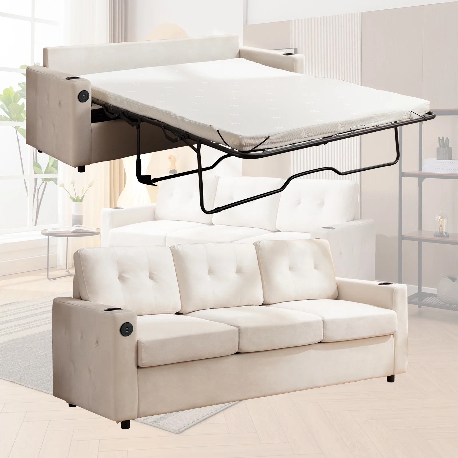MUZZ 2-in-1 Convertible Sleeper Sofa Bed,Pull Out Sofa Bed,Queen Size Daybed with Memory Foam Mattress, USB Ports & Cup Holder-Perfect for Living Room(Beige)