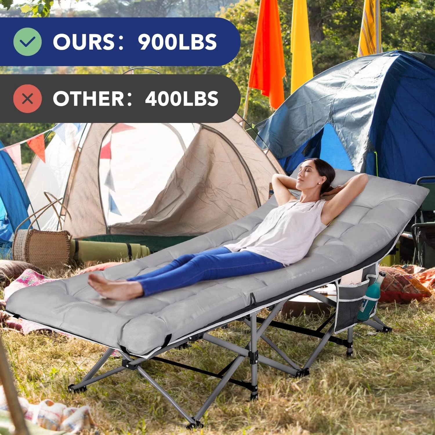 NALONE Folding Camping Cots for Adults, Camping Bed 900 LBS Heavy Duty with 3.1 Inch Thick Mattress(Grey)
