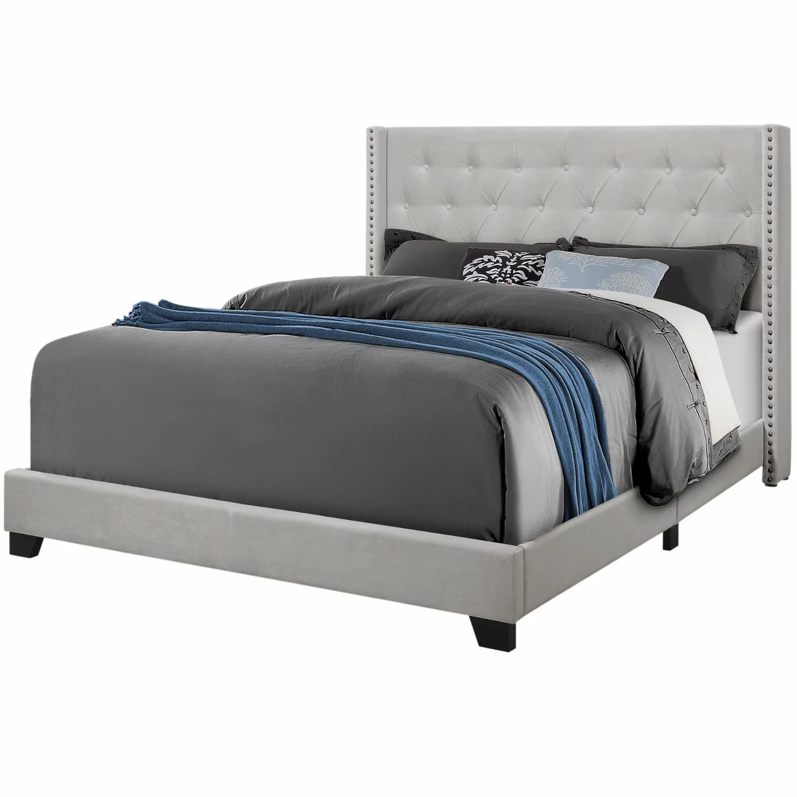 Bed Queen Size Platform Bedroom Frame Upholstered Velvet Grey Chrome