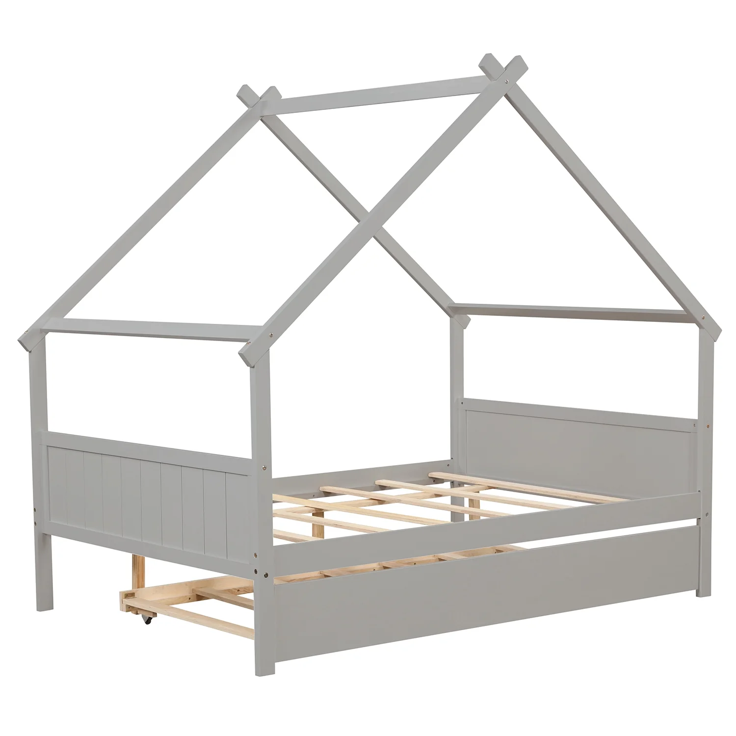 Hanway Twin House Trundle Bed - Space-Saving Dual Functionality, Stylish Design - Perfect for Kids' Rooms (Grey)