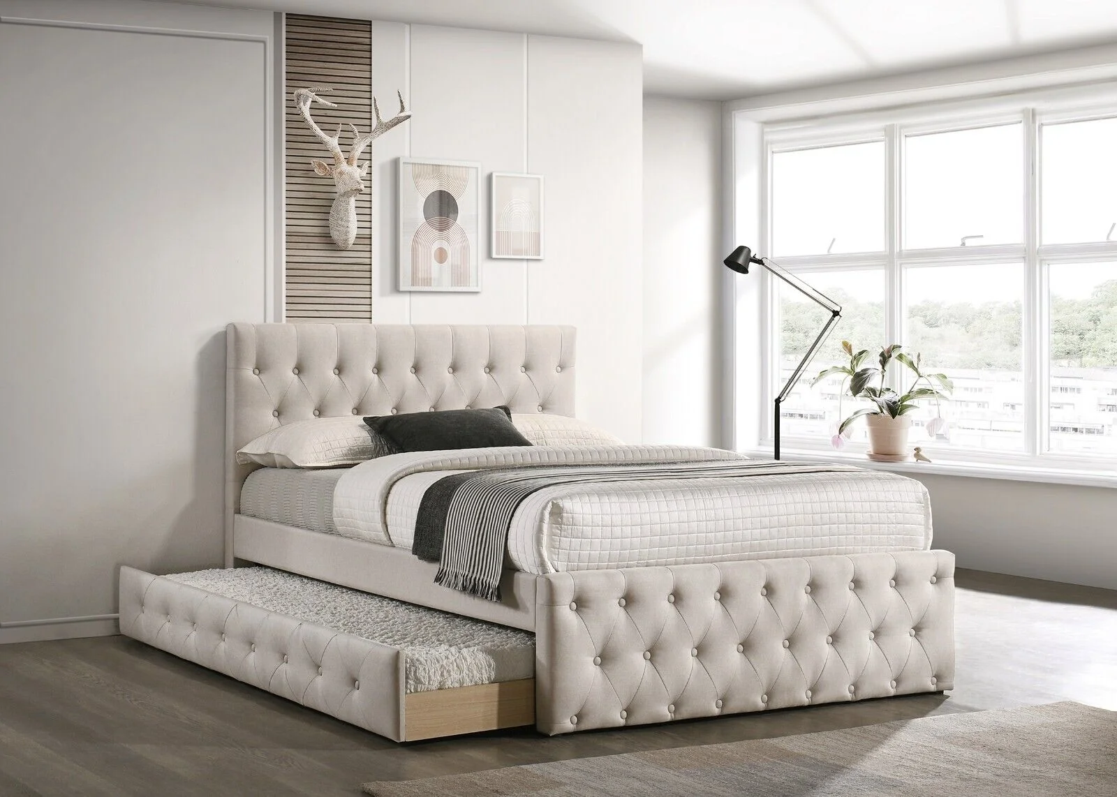 Contemporary Modern Light Brown Burlap Button Tufted Twin Size Bed w Trundle Bedroom Upholstered 1pc Bed Wooden Slats