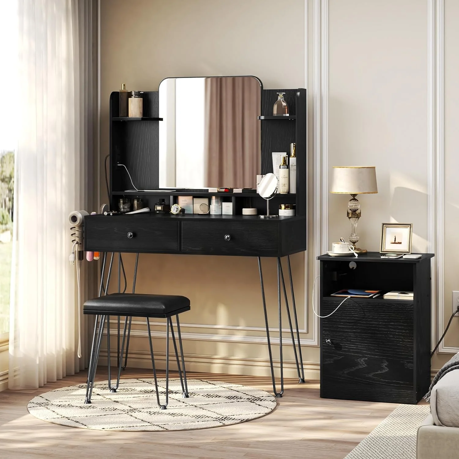 Makeup Vanity Set Large with Charging Station, Makeup Vanity Dressing Table with 2 Drawers and Mirror, Vanity Desk Storage Shelves and Cushioned Stool, Modern Black