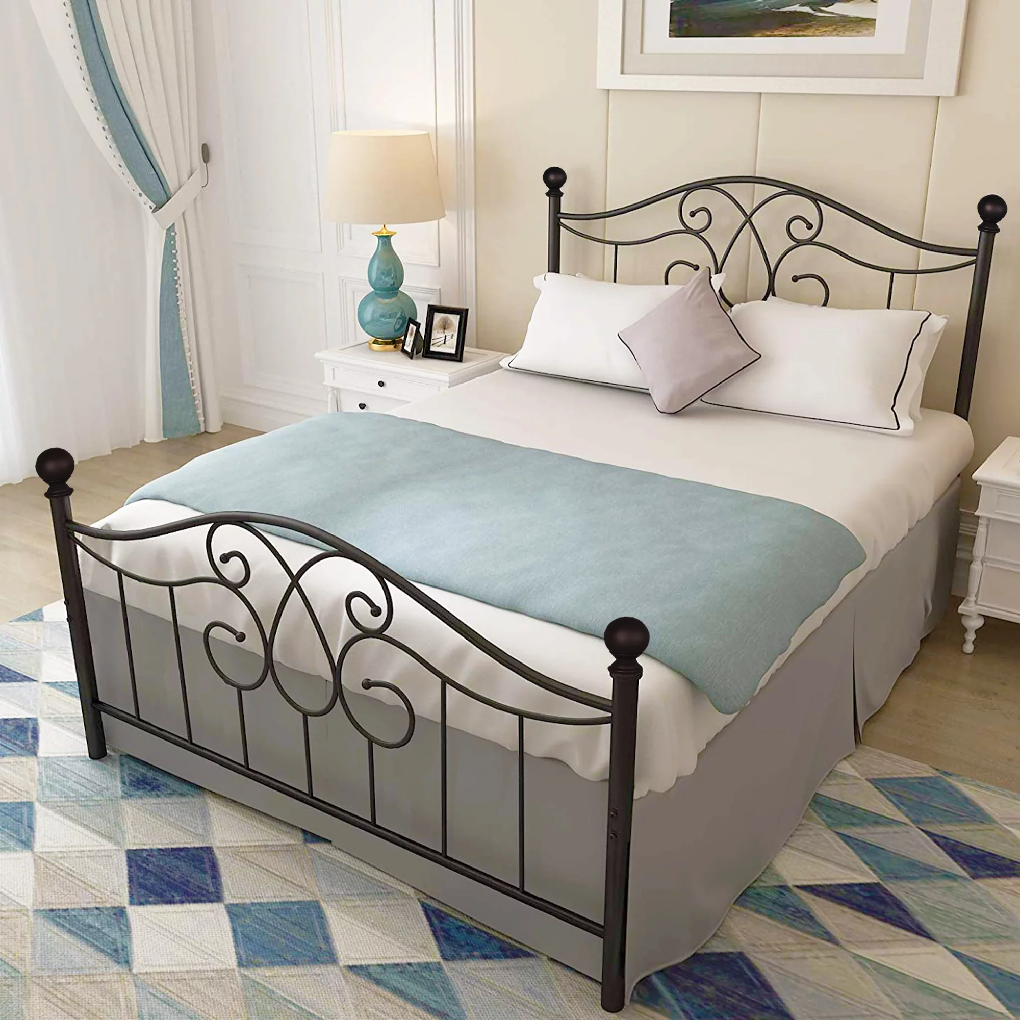 LANTRO JS Queen Metal bed frame, No Box Spring Needed with Vintage Headboard and Footboard Premium Steel Slat Support Mattress Foundation, Black
