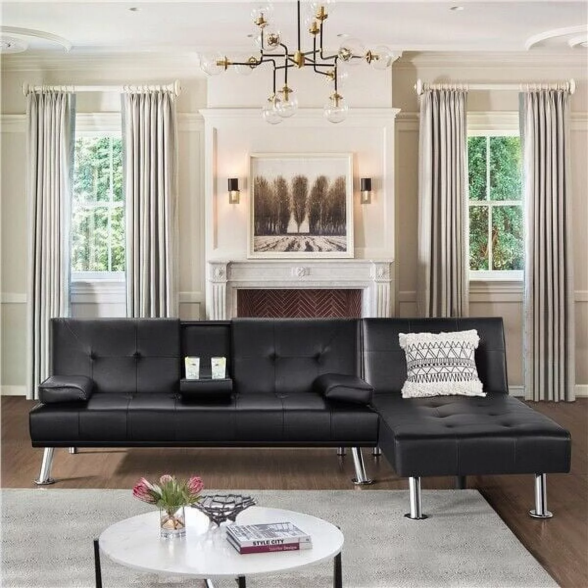 Black Faux Leather Sectional Sofa Daybed Convertible Couch Sleeper
