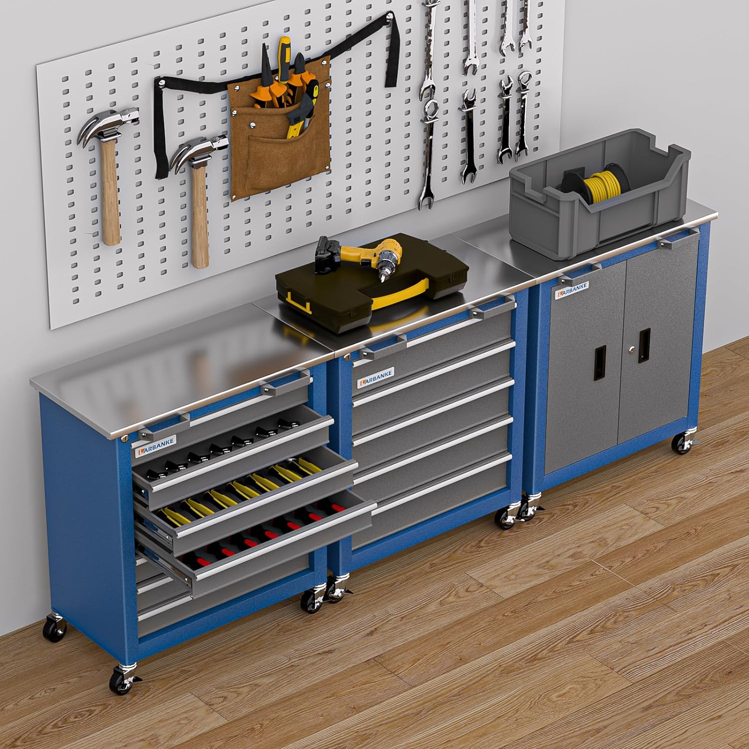 7-Drawer Rolling Tool Chest with Key Locking System,Tool Chest with 360° Lockable Wheels and Four Padded Feet,can be Formed into a Large Workbench,Tool Storage Chest for Garage Workshops