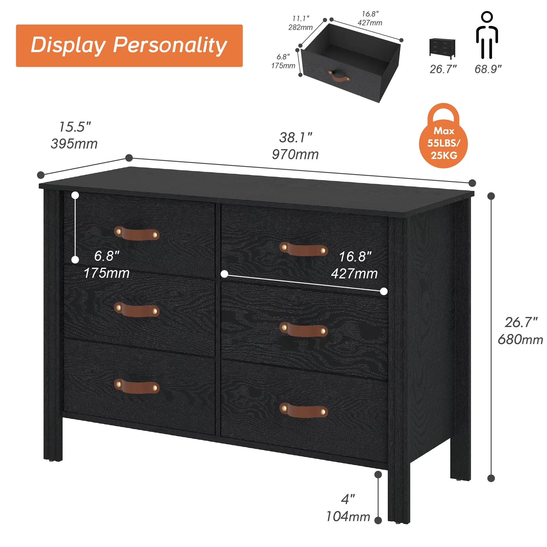 Dresser for Bedroom, Wood Dresser with 6 Drawers, Storage Cabinet for Living Room, Hallway, Black