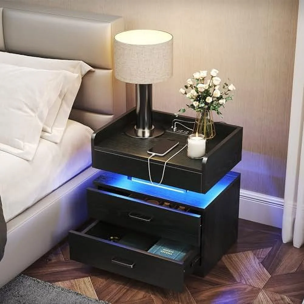 KBANZIBIU LED Nightstand with Voice-Control Acrylic Float End Table with Charging Station for Bedroom Side Bed Table with 2 Drawers (White * 2PC)