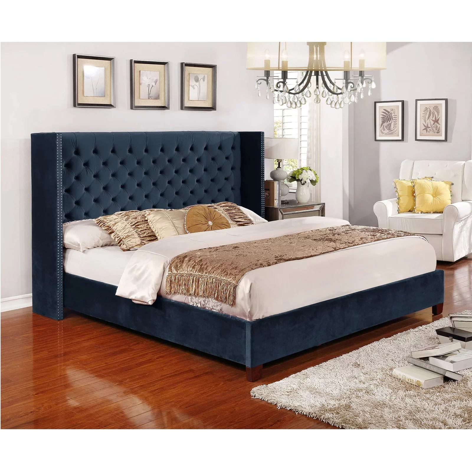 Nathaniel Home, King Upholstered Platform Bed Frame, Low Profile Deep Button Tufting Bed Frames, with Diamond Nailhead Trim Wingback Headboard, Blue