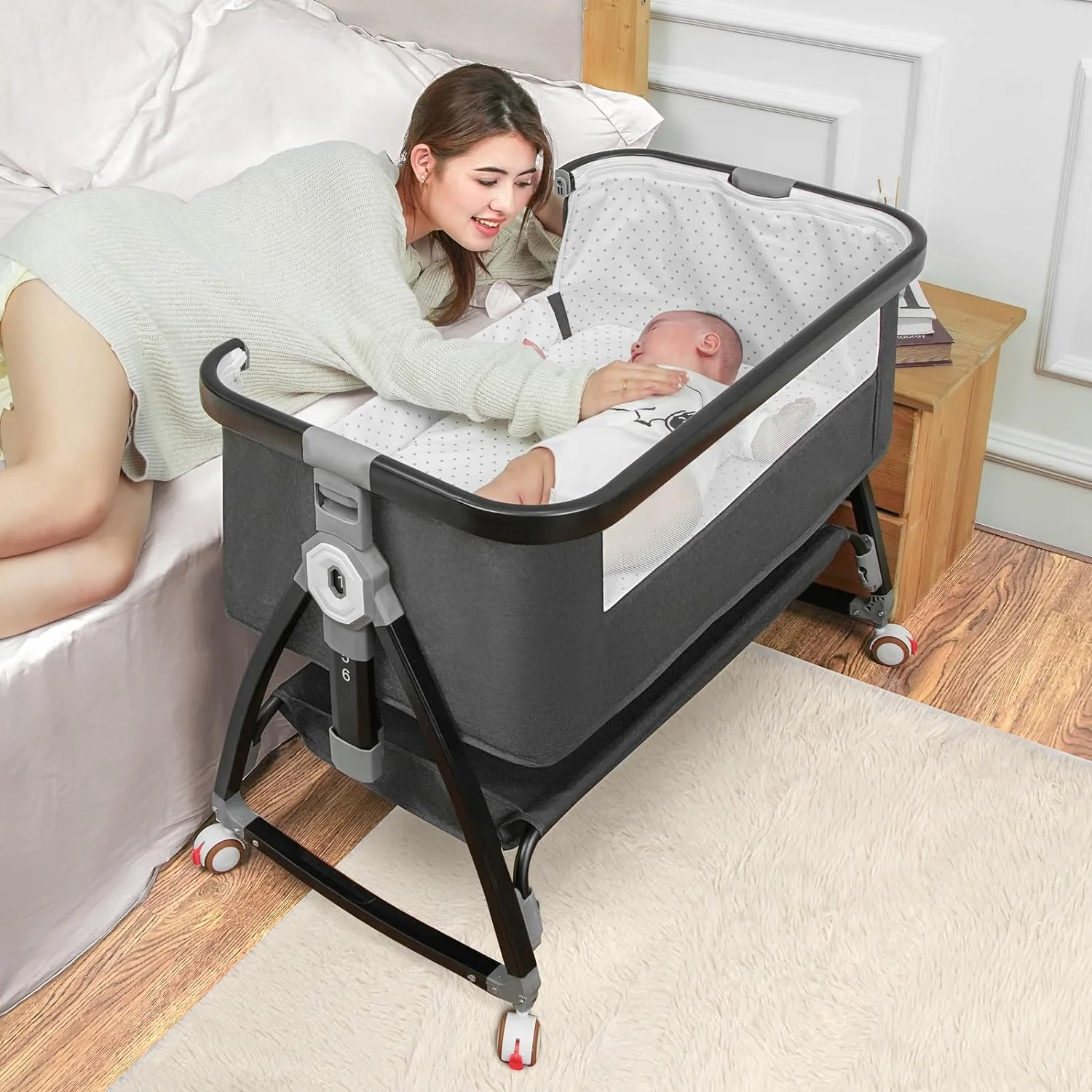 Baby Bassinet Bedside Sleeper, Bedside Bassinet for Baby, 3 in 1 Bedside Crib with Adjustable 6 Height, Portable Bassinet for Newborn/Infant, Baby Bassinet with Wheels/Storage Basket/Mosquito Net