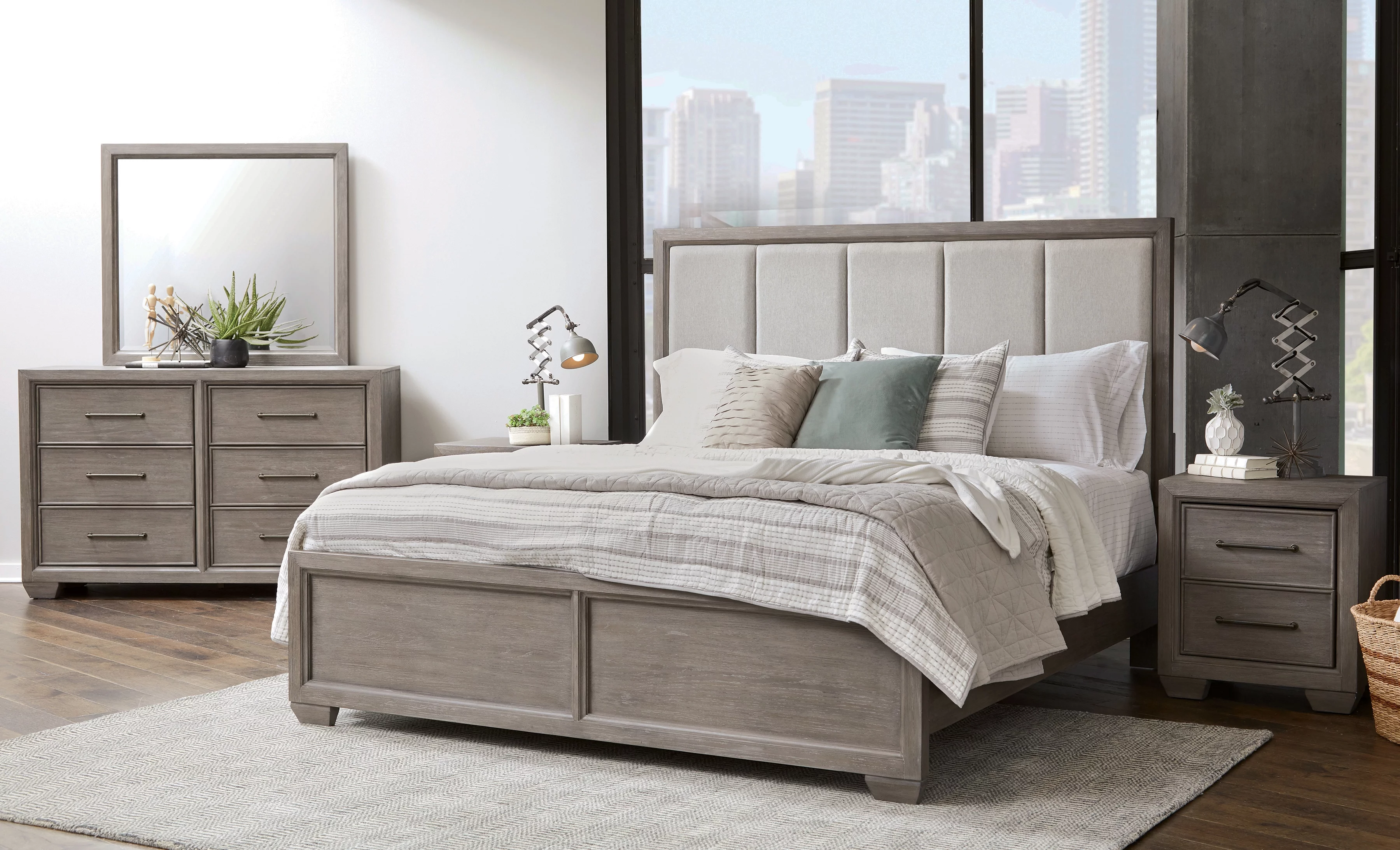 Ennesley Gray Wood Bedroom Set with Upholstered Panel Queen Bed, Dresser, Mirror, and 2 Nightstands
