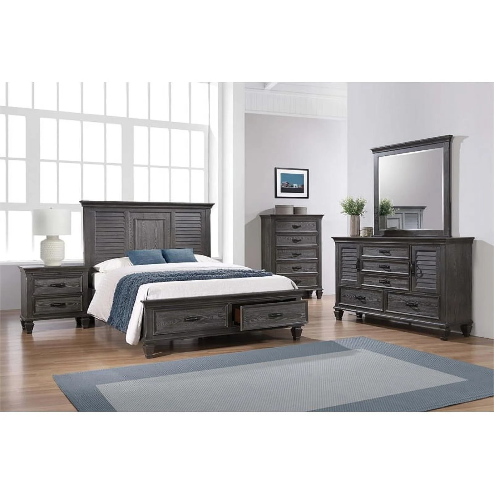 Pemberly Row Farmhouse Wood Eastern King Platform Storage Bed Weathered Sage