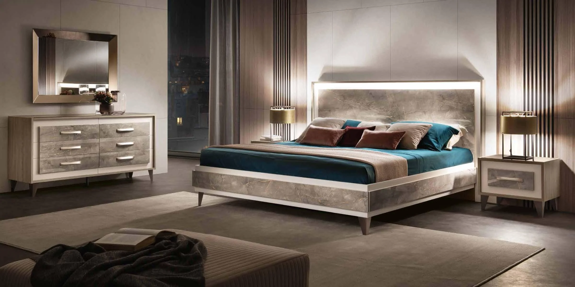 Shiny Gray Marble-finish Top King Bedroom Set 5 ARREDOAMBRA ESF Made in Italy