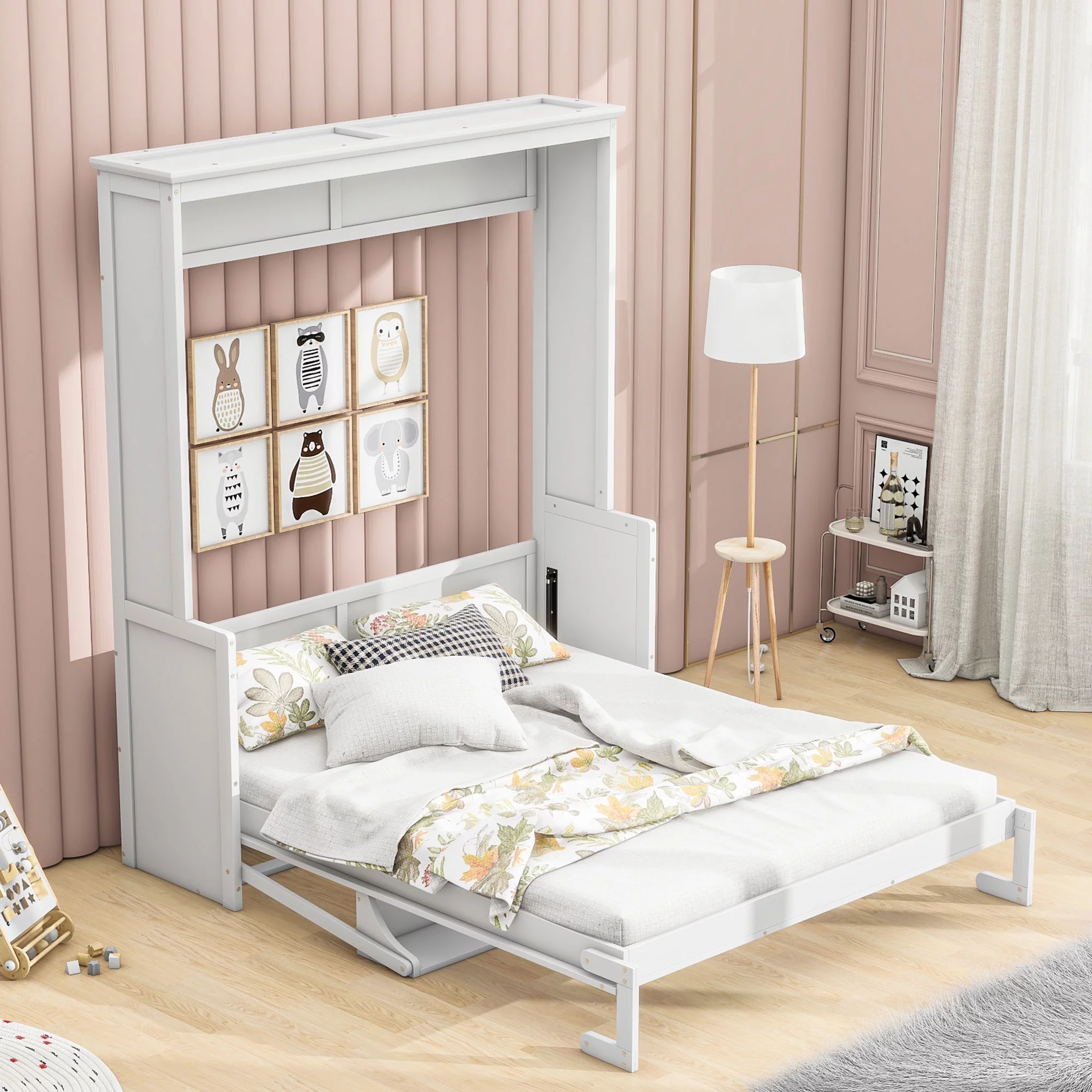 Euroco Queen Size Murphy Bed with Desk and Shelf Convertible Wall Bed into a Cabinet for Living Room Guests Room SpaceSaving Easy Open and Close, White