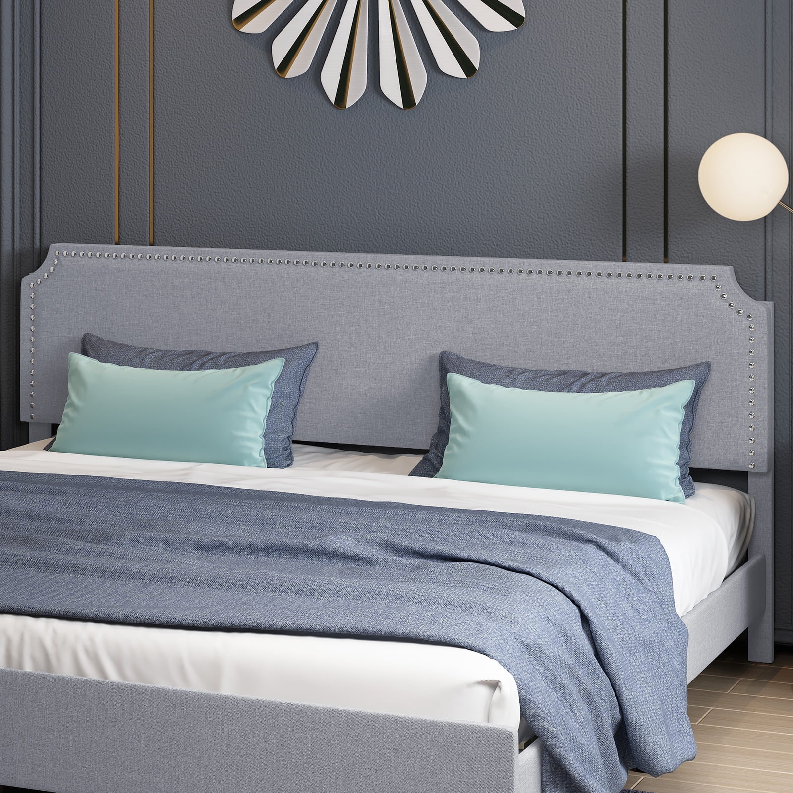 Mixoy Modern Queen Size Headboard with Rivet,Linen Fabric,Light Grey