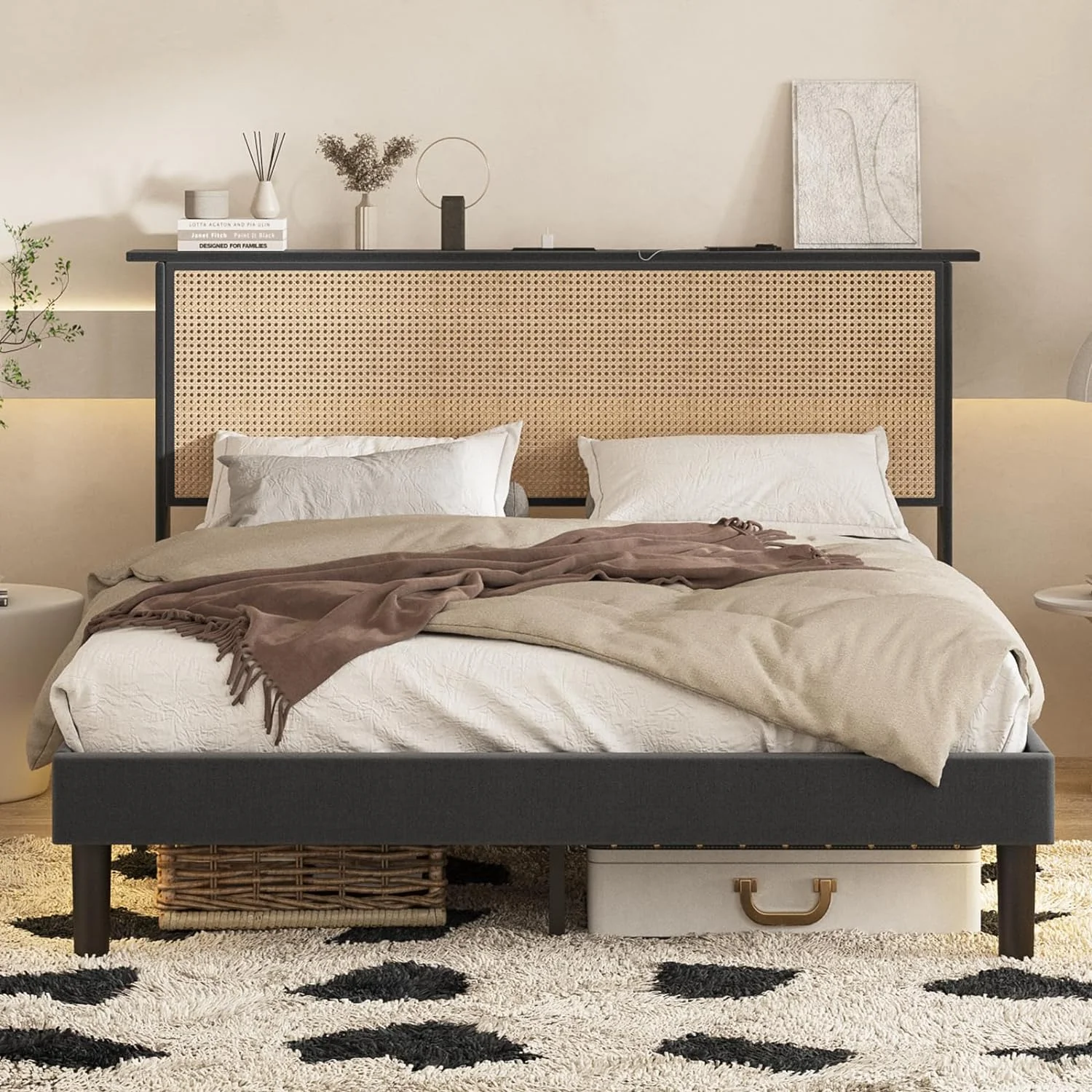 Vabches Queen Size Bed Frame with Rattan Headboard, Metal Platform Bed Frame with Charging Station and  LED Lights, No Springs Needed, Easy Assembly