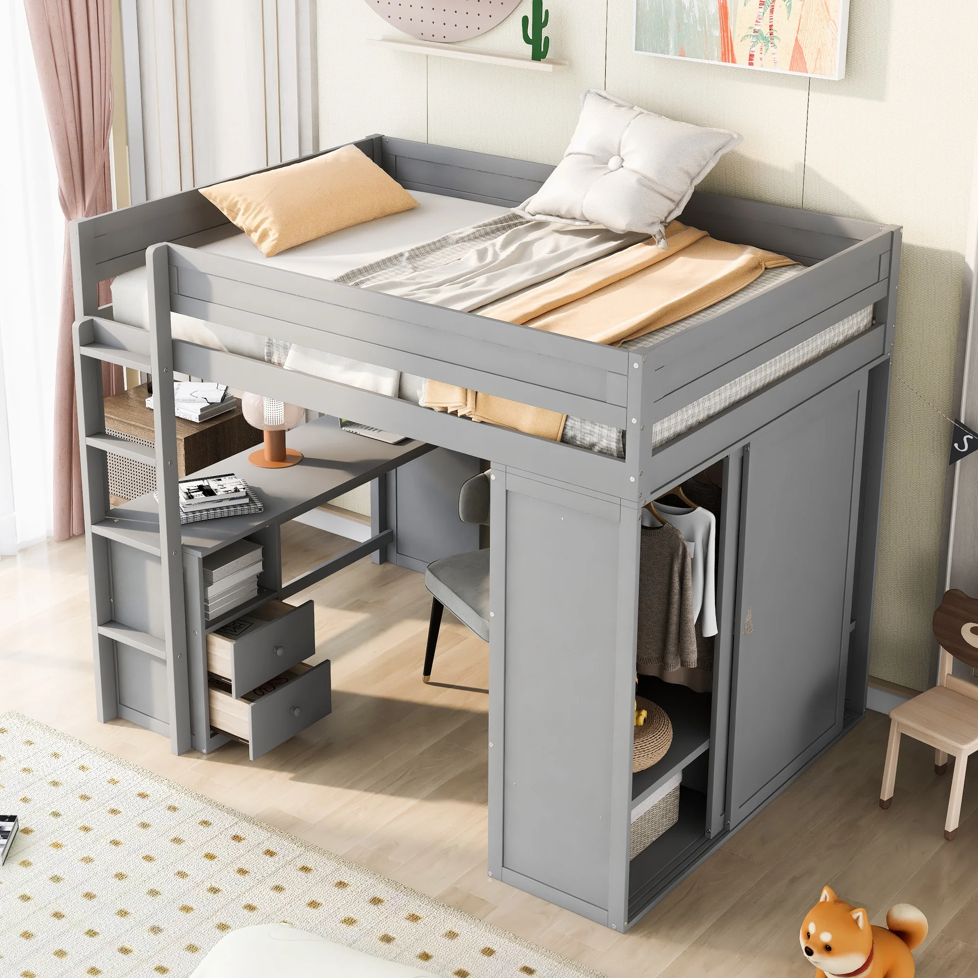 CoSoTower Wood Full Size Loft Bed with Wardrobes and 2-Drawer Desk with Cabinet, Gray