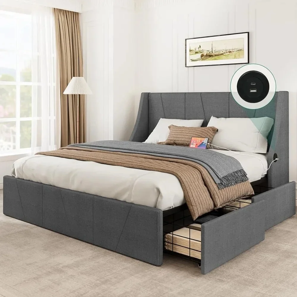 Queen-size bed frame, storage bed with 4 drawers and padded headboard, platform bed frame with wide backrest