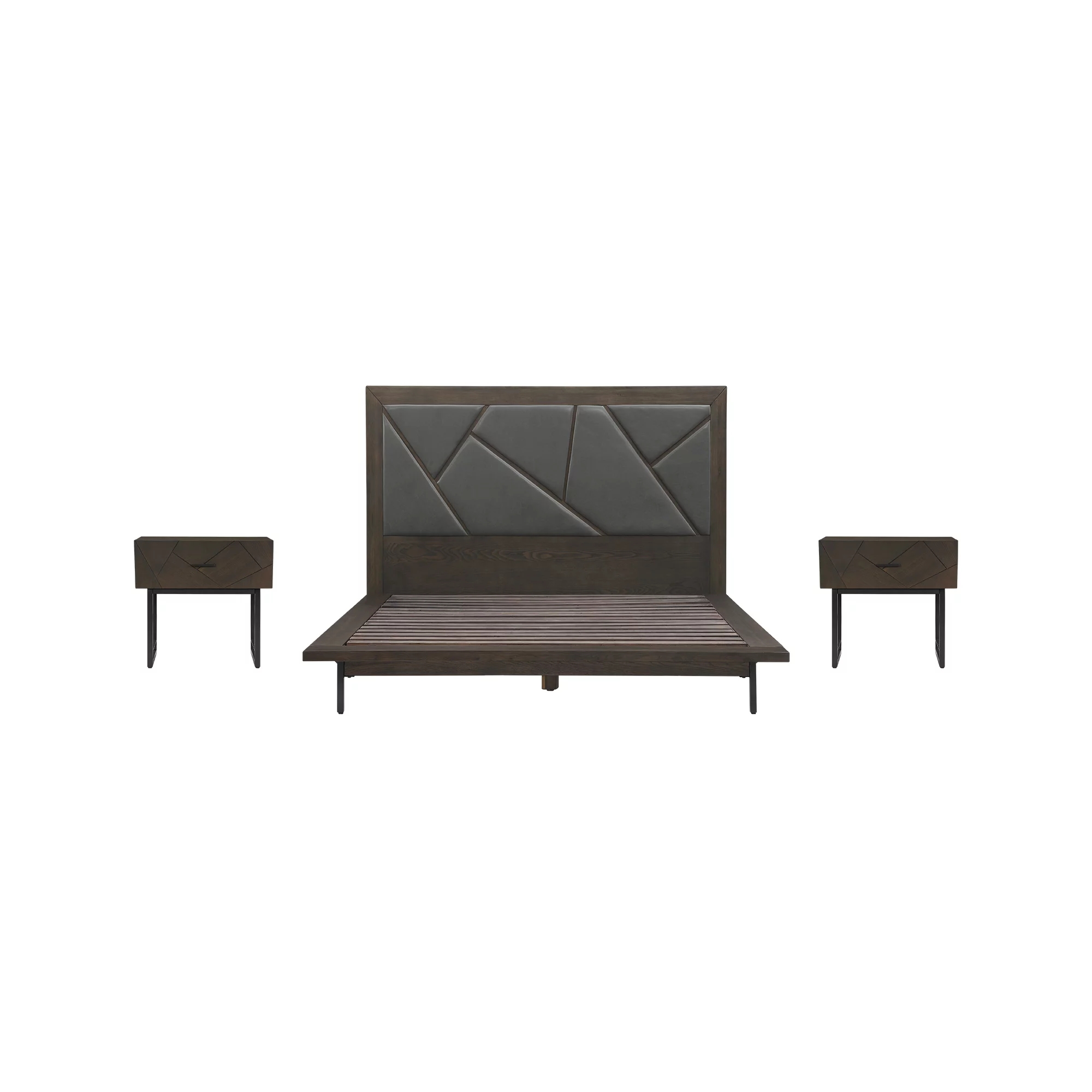 Marquis 3 Piece Queen Size Platform Bed Frame Bedroom Set in Oak Wood with Faux Leather Headboard