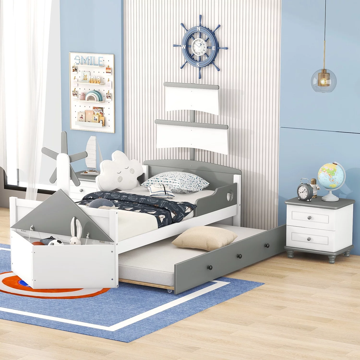 Churanty 3 Pieces Bedroom Sets Kids Twin Size Boat-Shaped Platform Bed with Trundle and Two Nightstands,Wood Platform Bed Frame for Girls Boys Teens,Gray