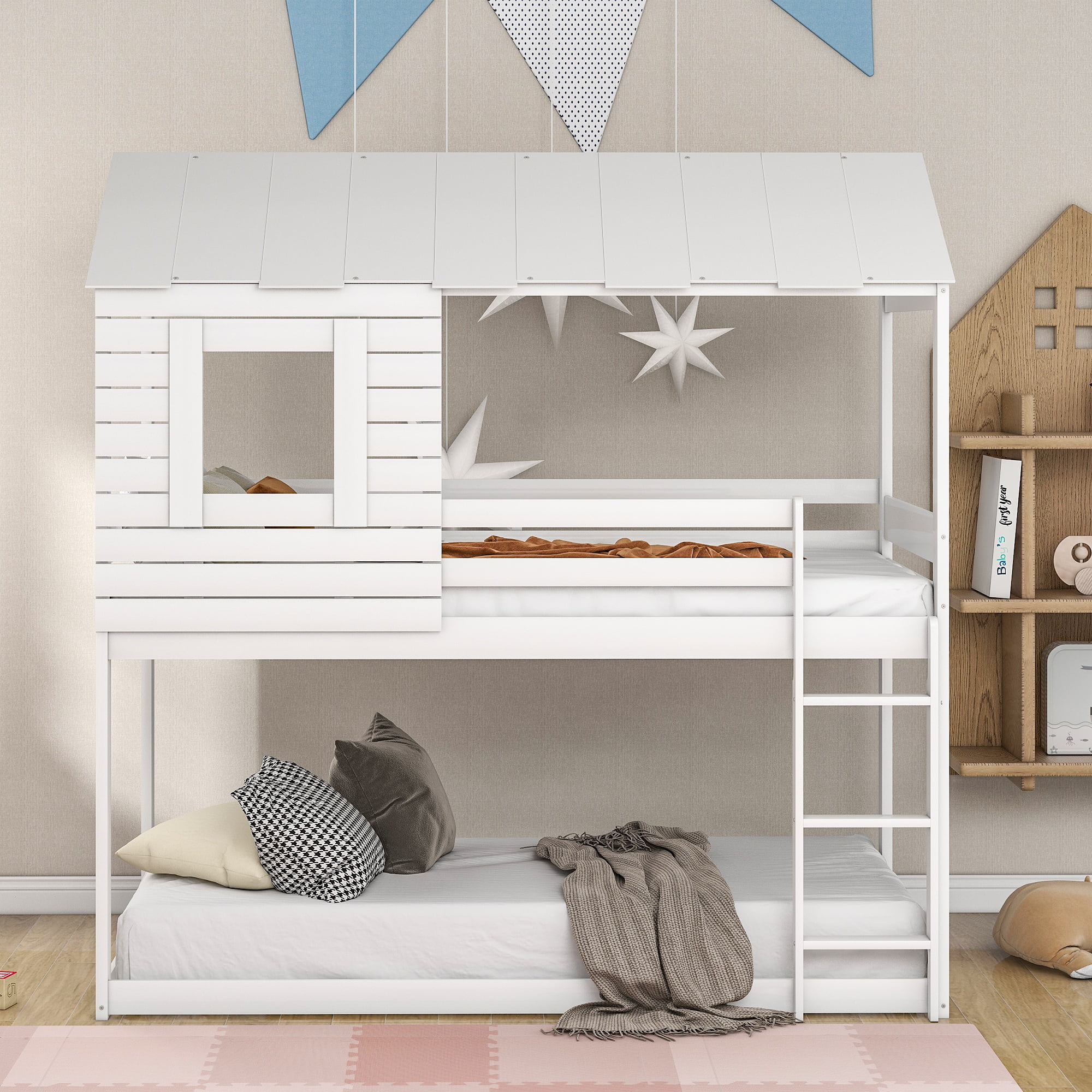 CoSoTower Twin Over Twin Bunk Bed Wood Loft Bed With Roof, Window, Guardrail, Ladder, White