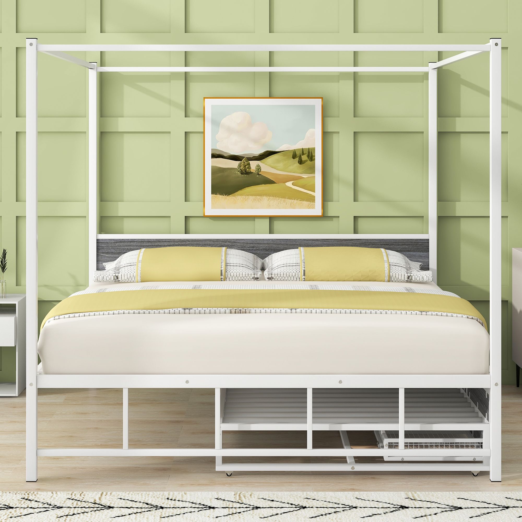 Queen Metal Canopy Bed Mattress Foundation with Twin Size Trundle and 3 Storage Drawers, Bed Frame Storage Bed w/ Slats for Boy Girl, No Box Spring Needed, Easy Assembly