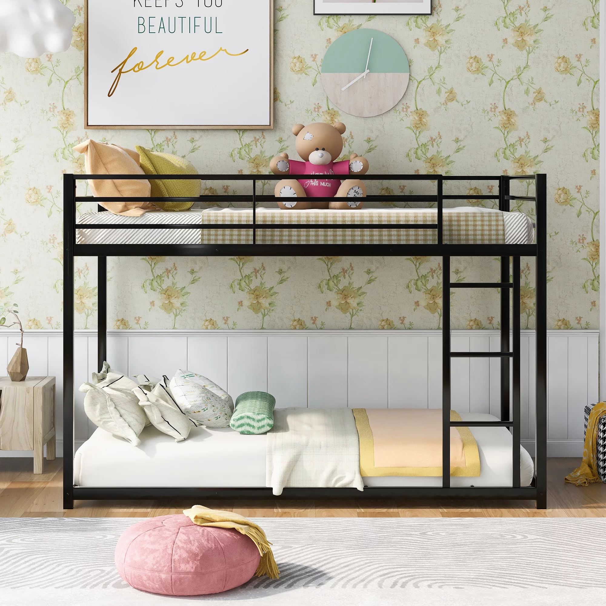 Nestfair Black Twin over Twin Metal Bunk Bed with Ladder