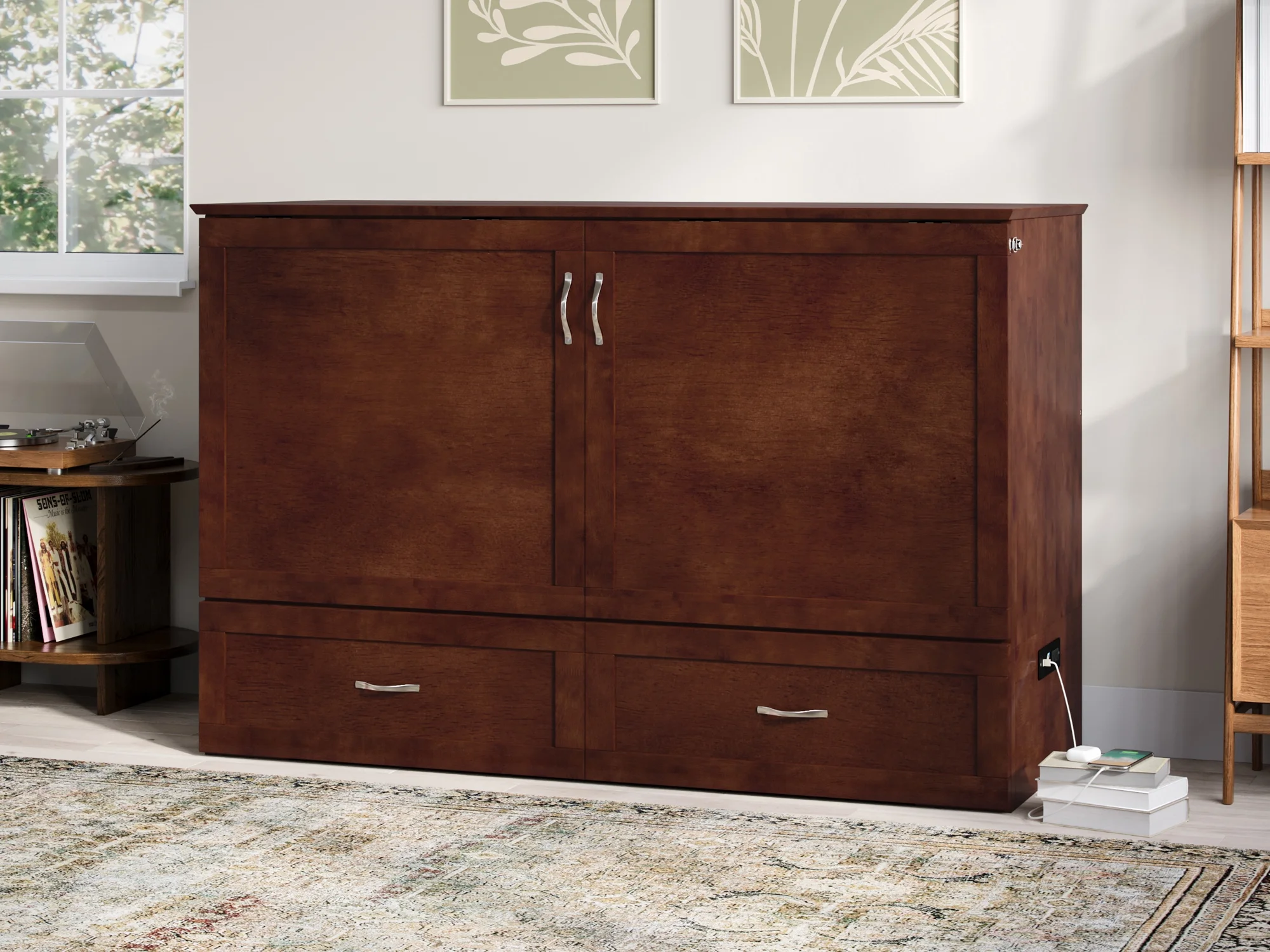AFI Raleigh Queen Murphy Bed Chest with Mattress, Storage & Built-in Charging, Walnut