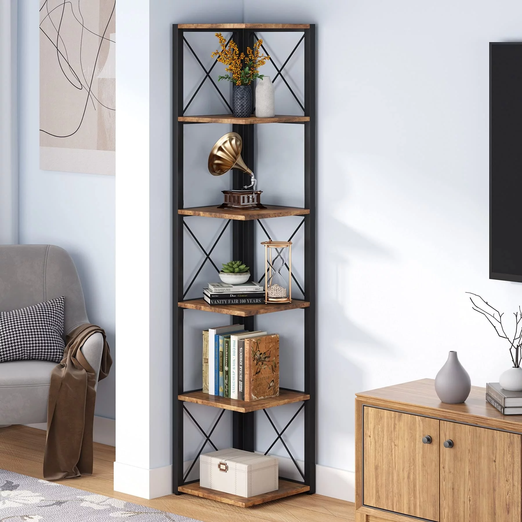 6-Tier Corner Shelf, 70.8 Inch Tall Corner Bookshelf Etagere Bookcase for Living Room Assembly Required Brown Modern & Contemporary