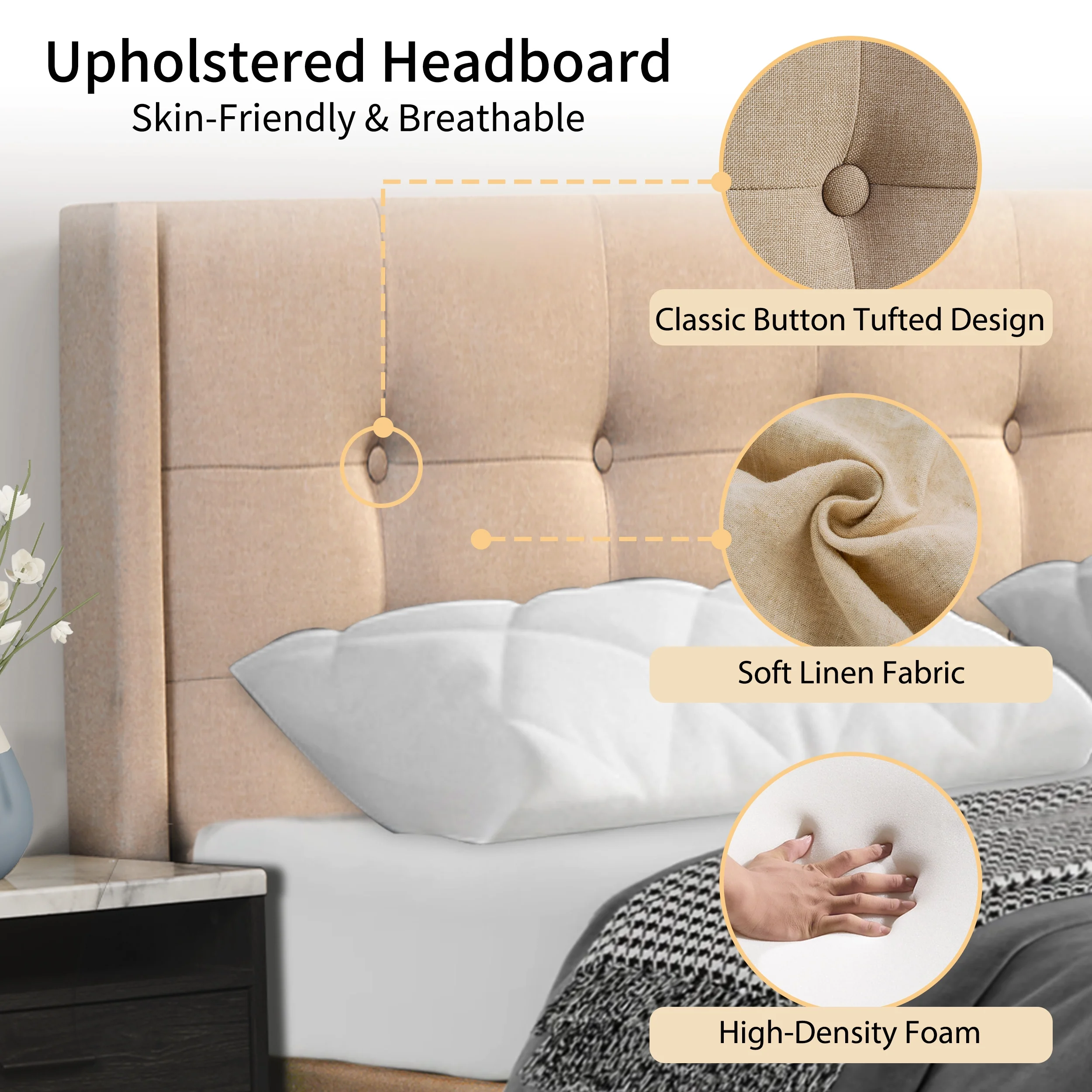 Larksperal Twin Bed Frame with Headboard, Bedroom Upholstered Platform Bed for Kids Teens Adults, Beige