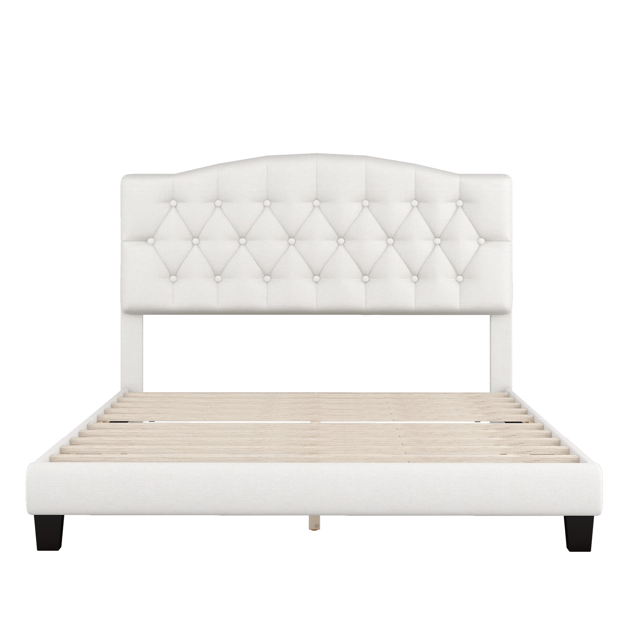 Dcenta Elegant Upholstered Curved Tufted Linen Platform Bed Frame with Diamond Tufted, Queen, Beige