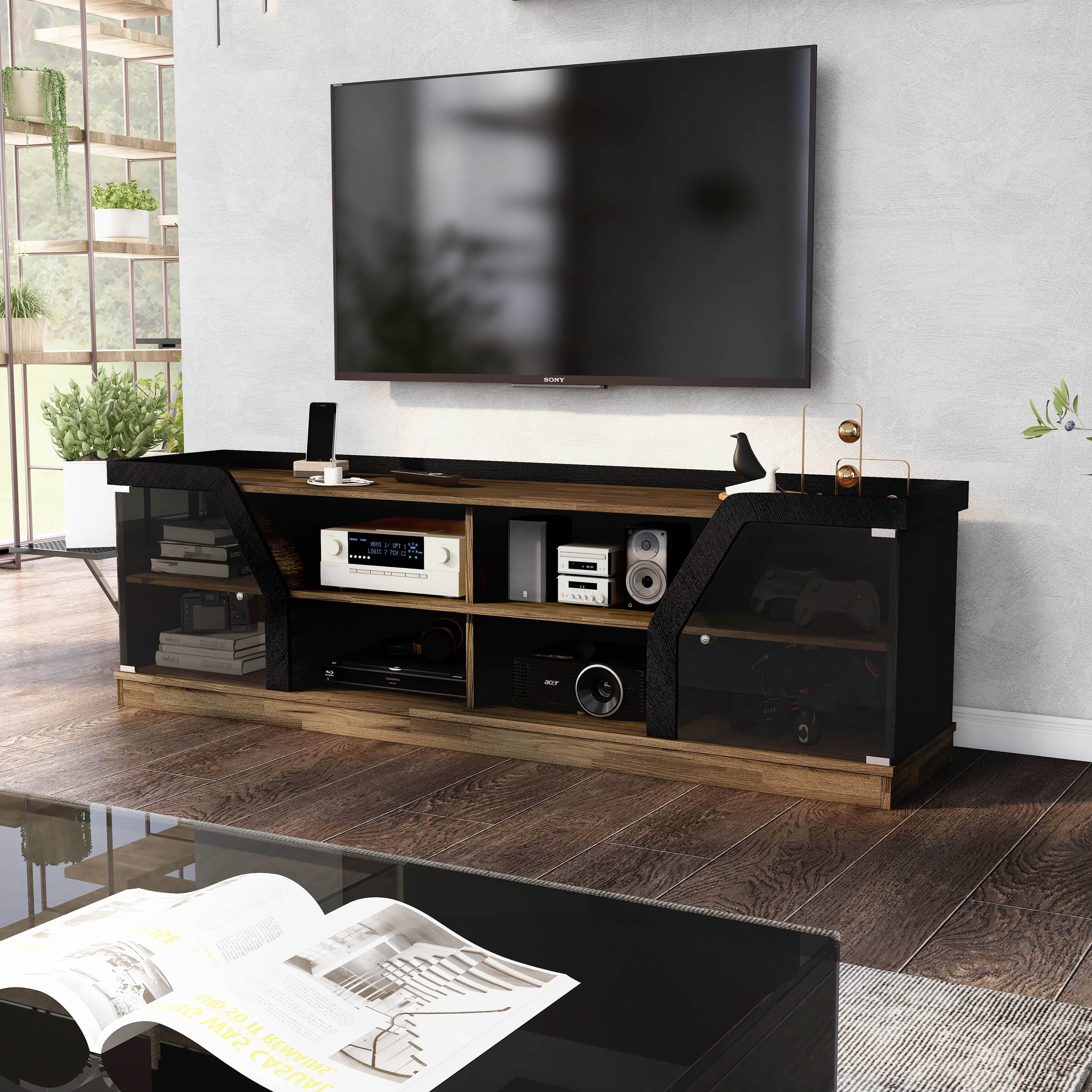 Denhour DH BASIC Modern Light Hickory 71-inch Multi-Storage TV Console with Black Tint Glass Cabinets by