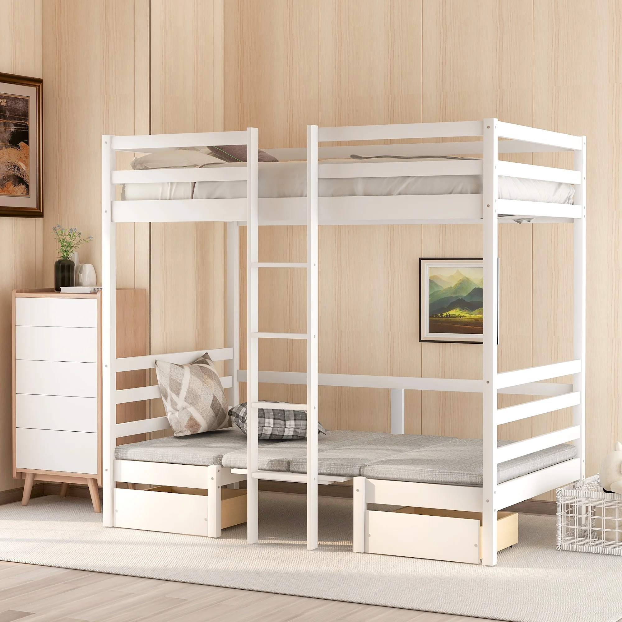 Euroco Solid Wood Convertible Twin over Twin Bunk Bed, Twin over Futon with Desk and Benches for Kids Room and Living Room, Cushion Sets Included, White