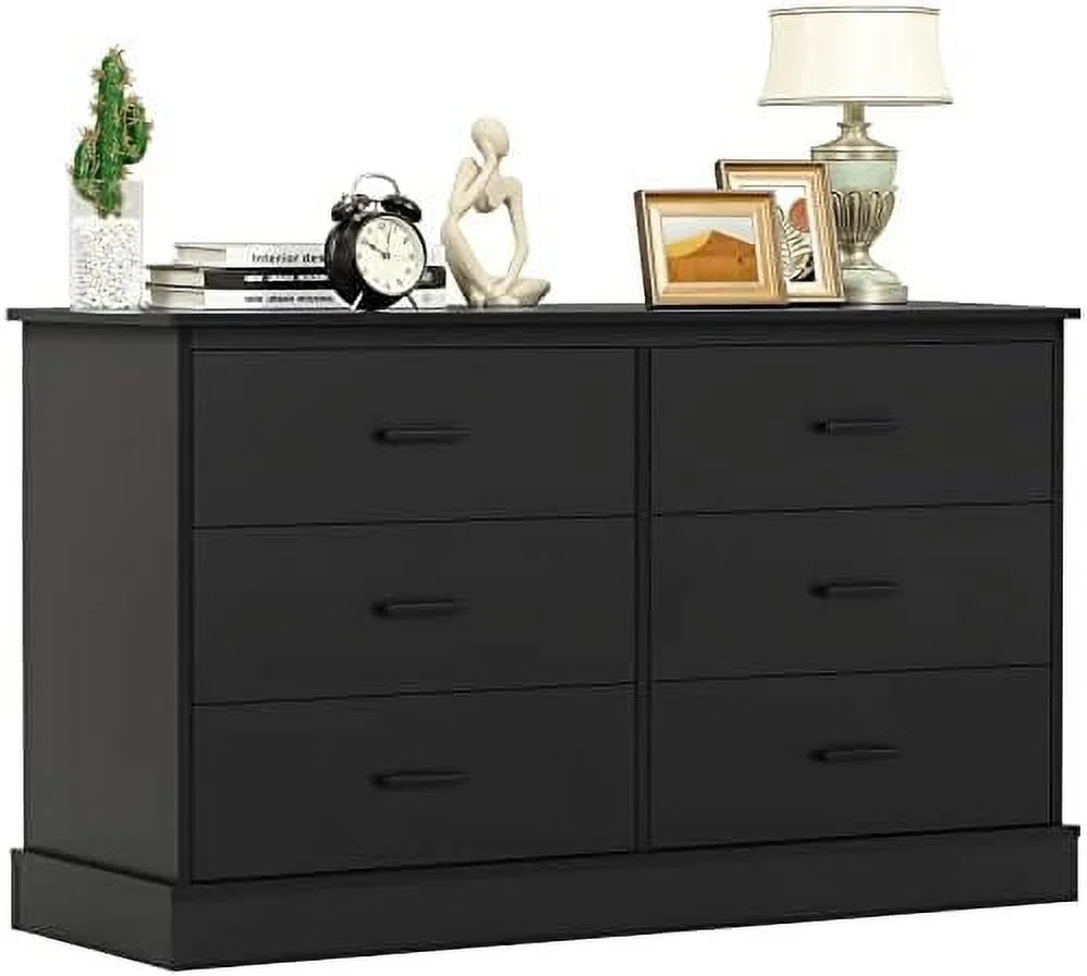 6 Drawer Double Dresser Wood Tower Clothes Organizer Wide Chest of 6 Drawers Large Cabinet Black Dresser for Bedroom Hallway Entryway