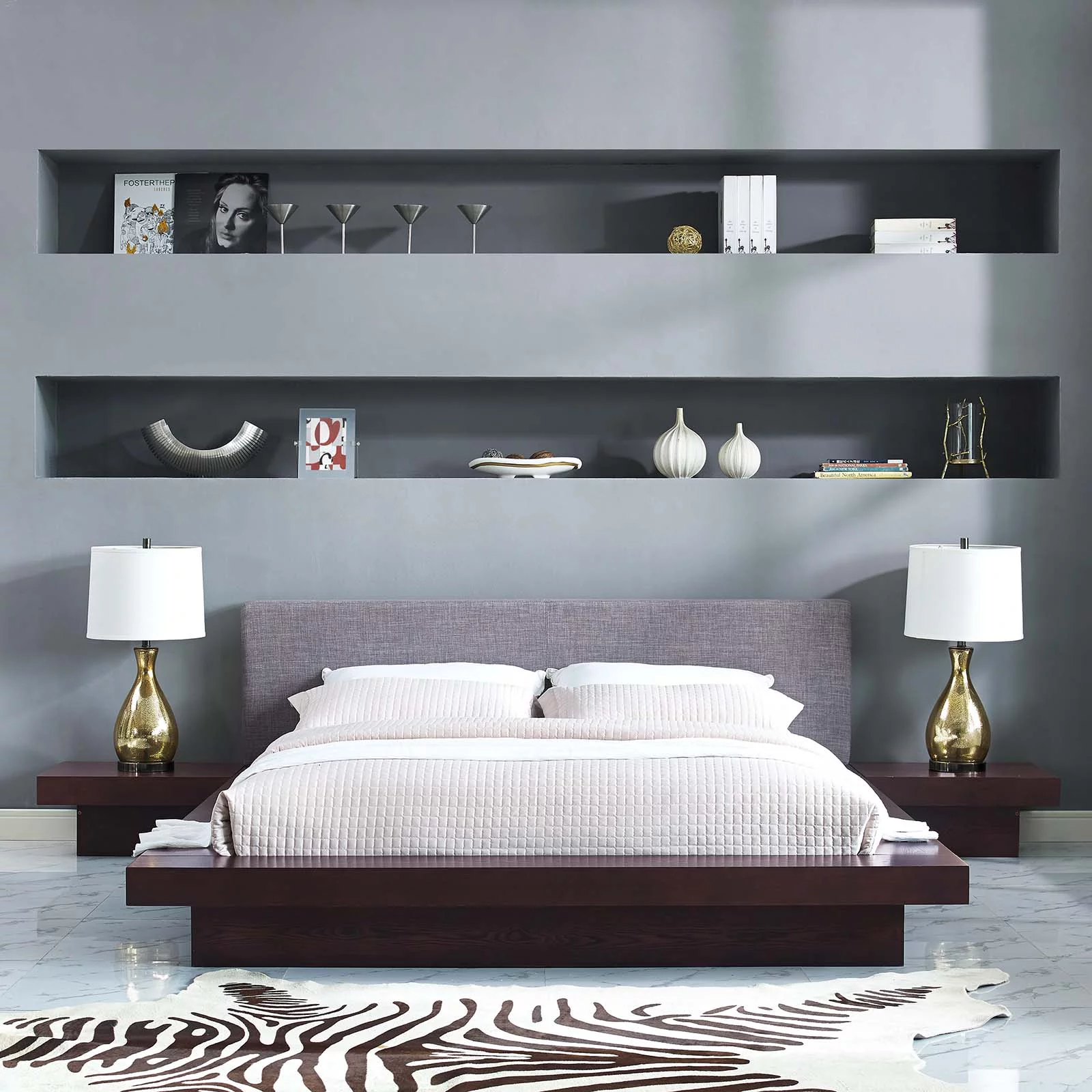 Modway Freja 3 Piece Queen Fabric Bedroom Set in Cappuccino Gray