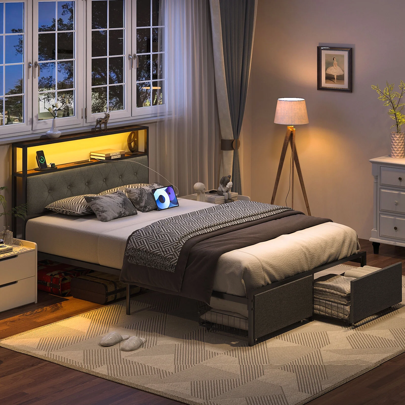 Yoobure Full Bed Frame with Headboard, Metal Platform Bed Frame Full Size, Heavy Duty Bed Frames with 2 Storage Drawers, Bedframe with Charging Station & LED Light, No Box Spring Needed, Noise Free