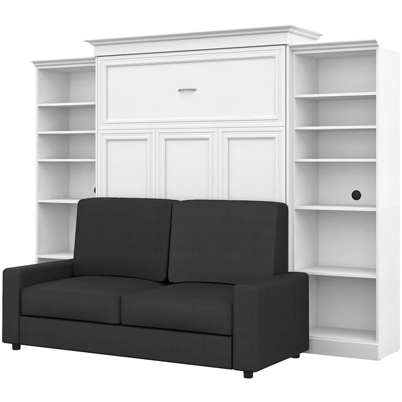 Atlin Designs Wood Queen Murphy Bed with Sofa & Organizers in White/Gray
