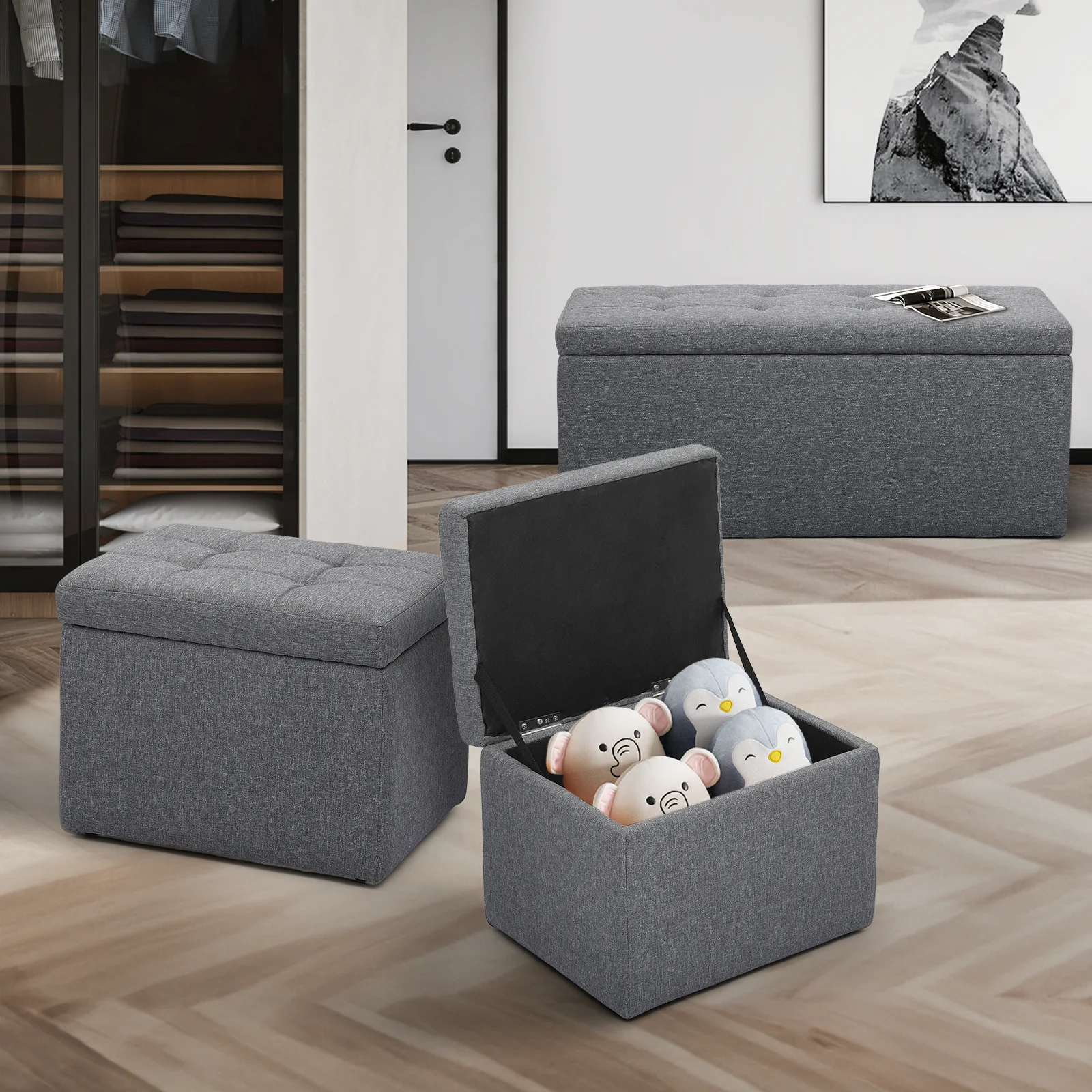 MoNiBloom 3Pcs Storage Ottoman Bench Cube Set, Tufted Ottomans Toy Chest Storage Boxes Footrest Stools Bench for Living Room, Entryway, Hallway, Bedroom, Grey
