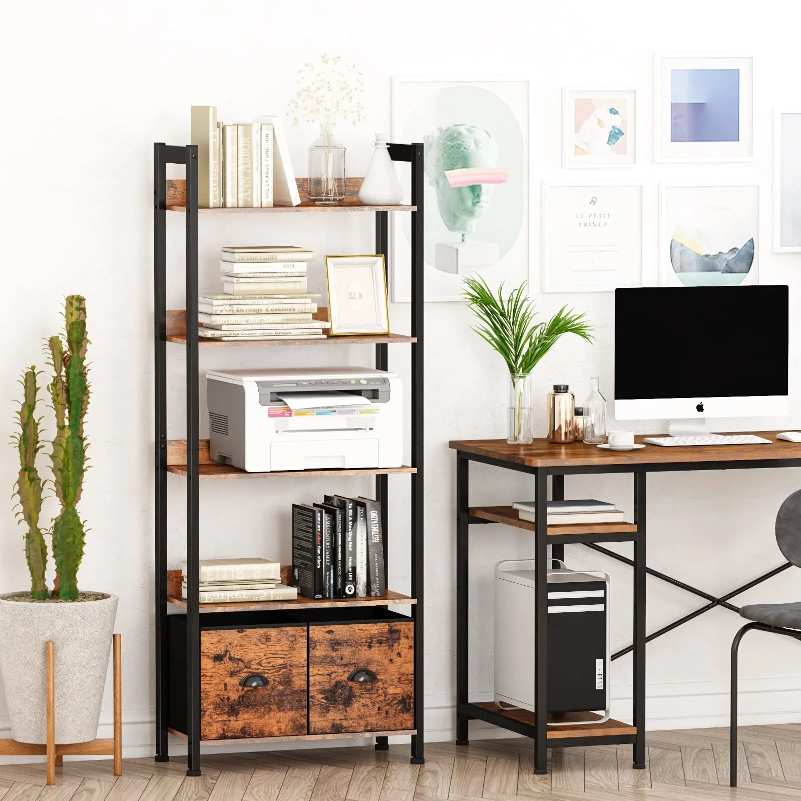 Mr IRONSTONE 5-Tier Bookshelf - Industrial Display Standing Shelf Units with 2 Storage Drawers - Perfect for Living Room, Bedroom, Home Office - Rustic Brown