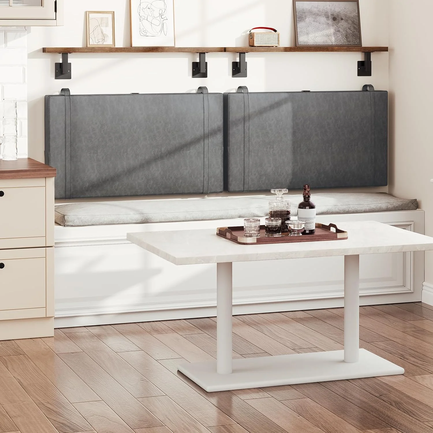 YINCHEN Headboard, Wall Mount Hanging Headboard with 4 USB Ports and LED Light, PU Upholstery, Open Storage Shelf, for Bedroom, Bar, Dining or Entryway, Queen Size, Rustic Brown and Gray