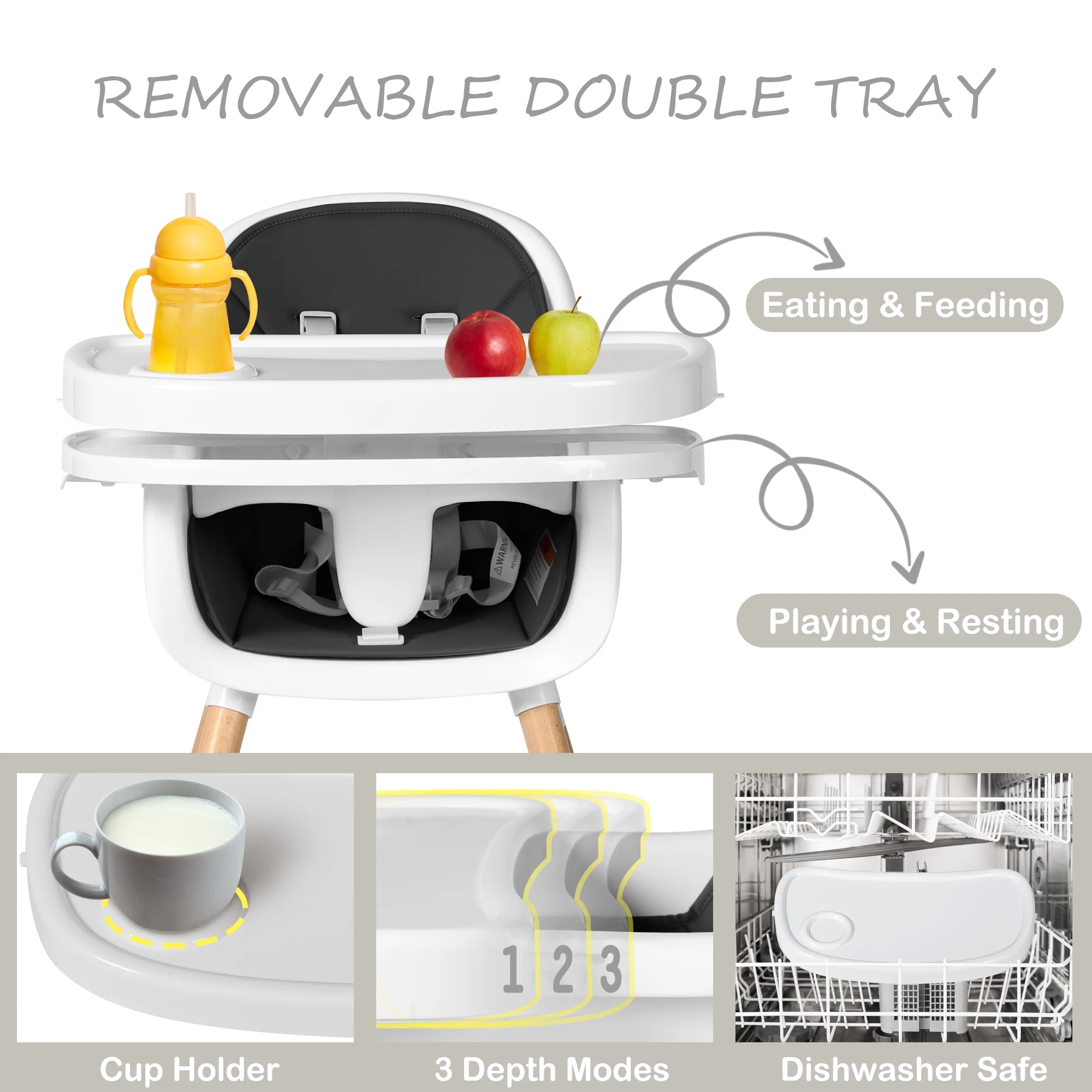 AILEEKISS 3 in 1 Wooden Baby High Chair Infant Feeding Chair with Double Removable Tray, Black