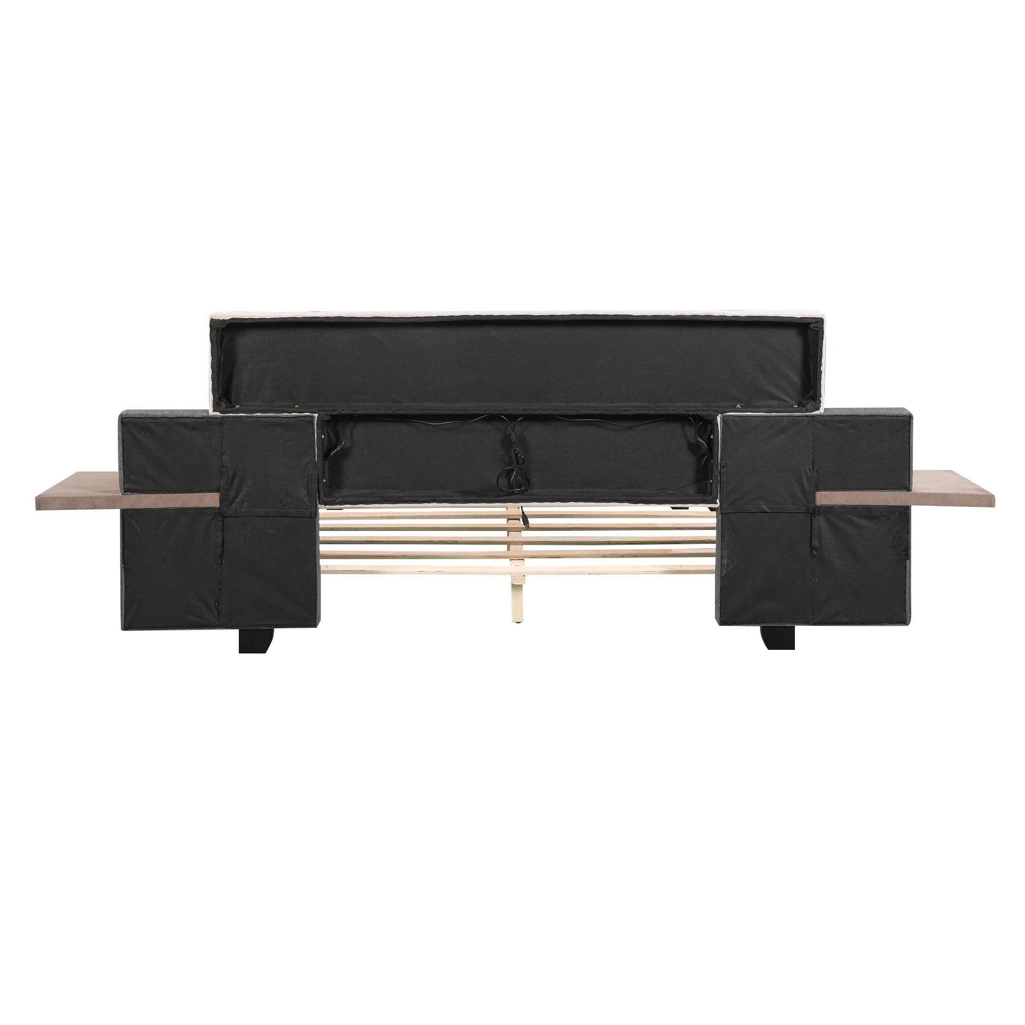 Queen Size Upholstered Bed with 2 Bedside Shelves, Platform Bedframe w/Two USB Charging and Headboard, for Bedrom, Guestroom